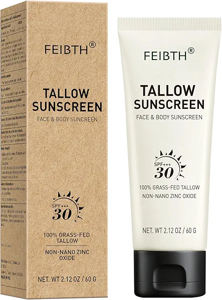 Tallow Sunscreen, Beef Tallow Sunscreen with Zinc Oxide, Non-Greasy Formula for Face and Body, Travel Size 2 oz