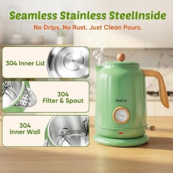 Seehot Electric Kettle With Thermometer, 1.7L Electric Tea Kettle, 1200W Hot Water Kettle Electric, Auto Shutoff, Boil-Dry Protection, 304 Stainless Steel, Cordless Base,Green
