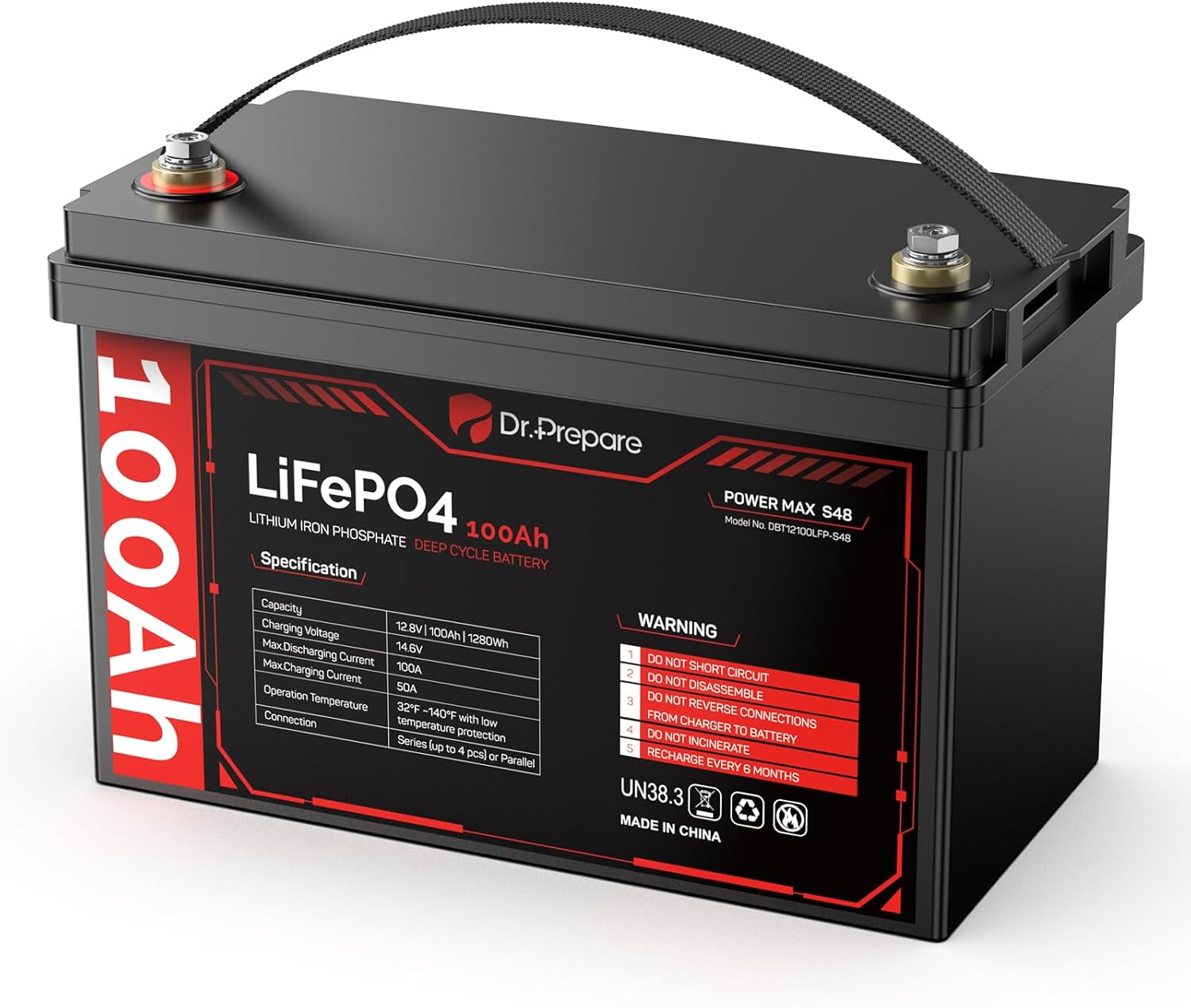 DR.PREPARE 12V 100AH LiFePO4 Battery, Deep Cycle Lithium Battery for RV, Camping, Trolling Motor, Travel & Power Storage, 12 Volt 100ah Rechargeable Battery for Fish Finder, Boat & Camper Accessories