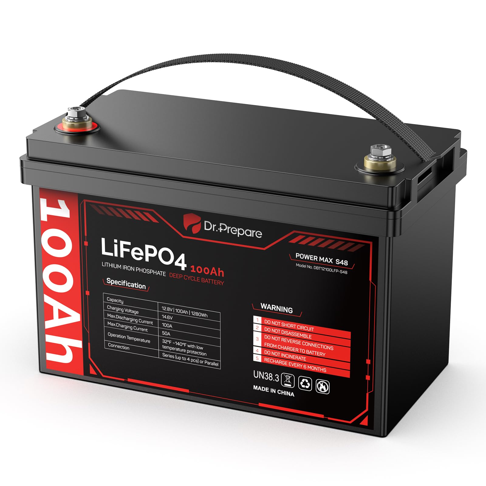 DR.PREPARE 12V 100Ah LiFePO4 Battery, 12v Lithium Batteries with 100A BMS, 1280Wh Group 31 Deep Cycle Lithium Iron Phosphate Battery for RV, Trolling Motor, Solar Power, Off-Grid, Home Energy Storage