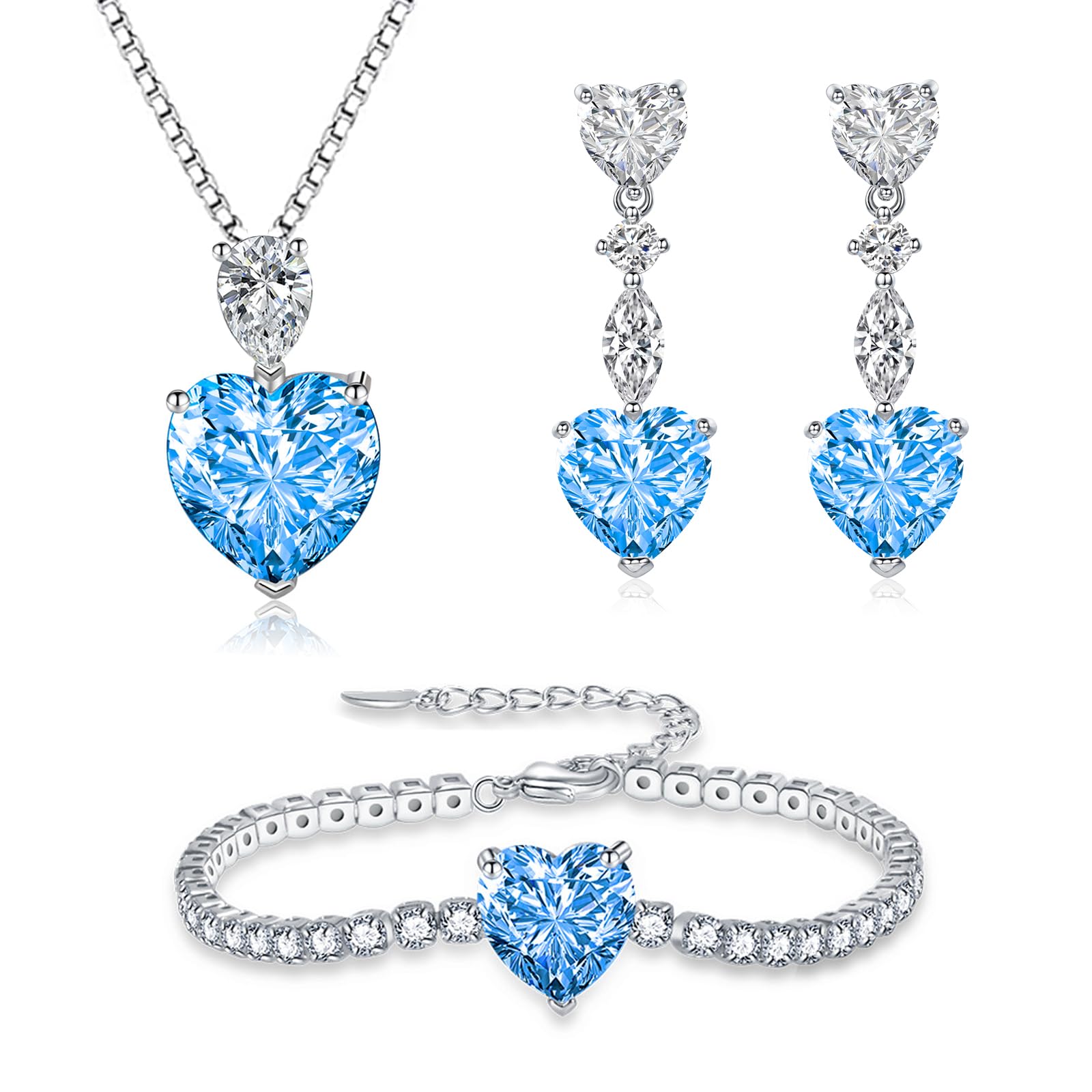 Silber Schmucksets für Damen, 925 Sterling Silber Herz Halskette Ohrringe Armband Set, 3PCS Anhänger mit 45cm Kette & Hängeohrringe & Armkette, Herz Schmuck Set mit Zirkonia mit Geschenkbox