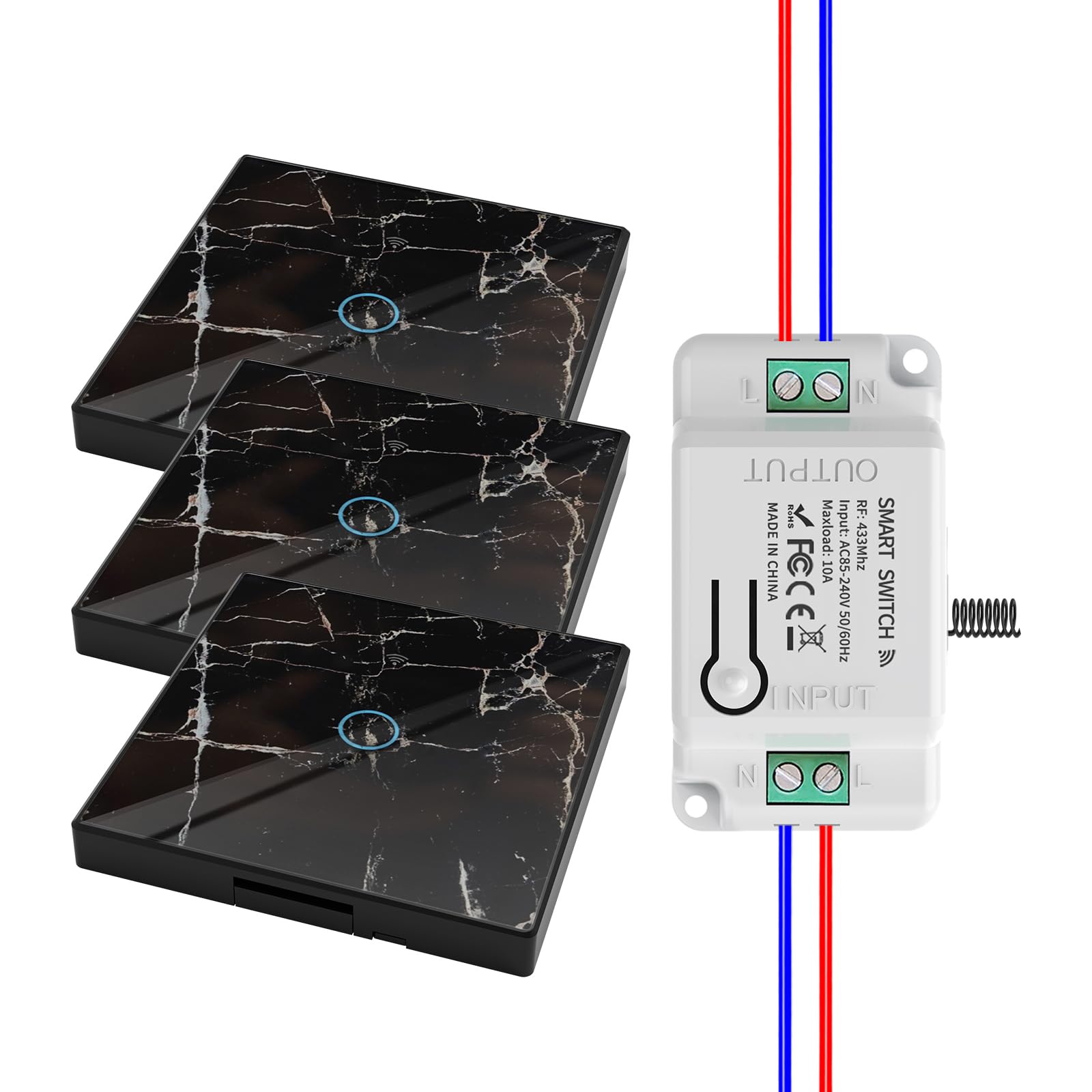Funkschalter Set, RF433 Lichtschalter Funk, Long Distance RF Wireless Remote Control Range, Touch Lichtschalter Licht, Wandlichtsschalter, Funk Schalter (Black-3x1key 1receiver)