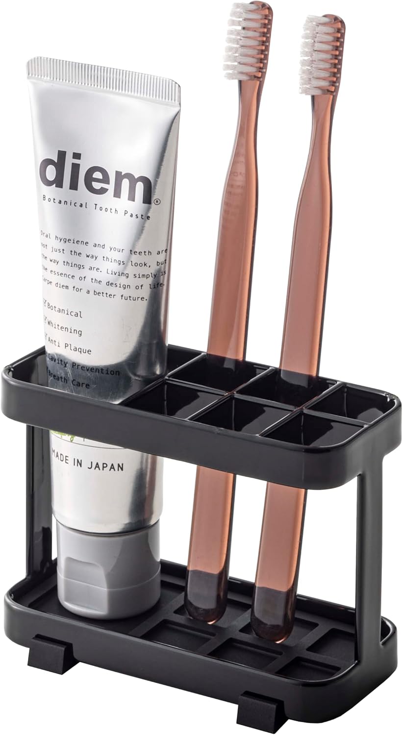 Black Steel Tower Toothbrush Stand with Rubber Mat