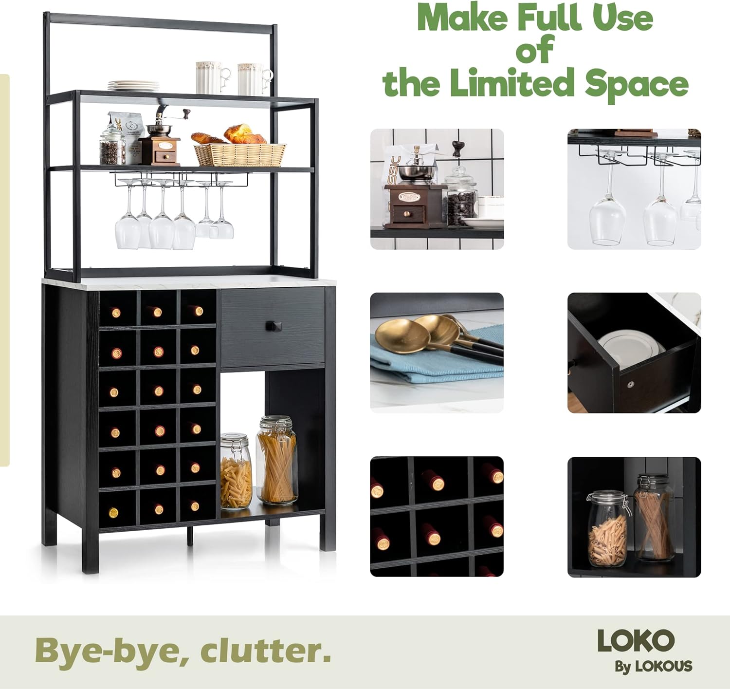 LOKO Bar Cabinet, Wine Storage Cabinet with Detachable Glass Holder and Racks, Kitchen Bakers Rack with Wine Rack, 31 x 16 x 64 inches (Black)