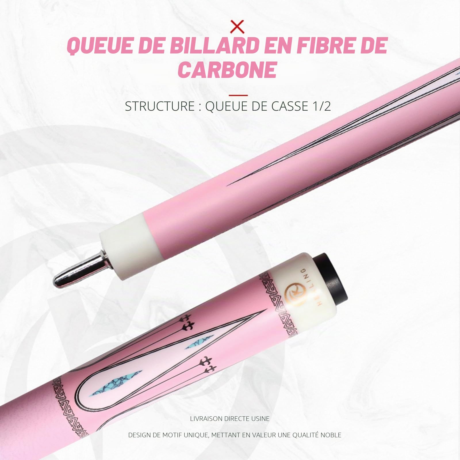 OKHEALING T700 Attelle de billard rose pour femme en fibre de carbone - Tête de 12,9 mm, 1/2 articulation, attelle de billard et snooker professionnel pour débutants et joueurs expérimentés, attelle