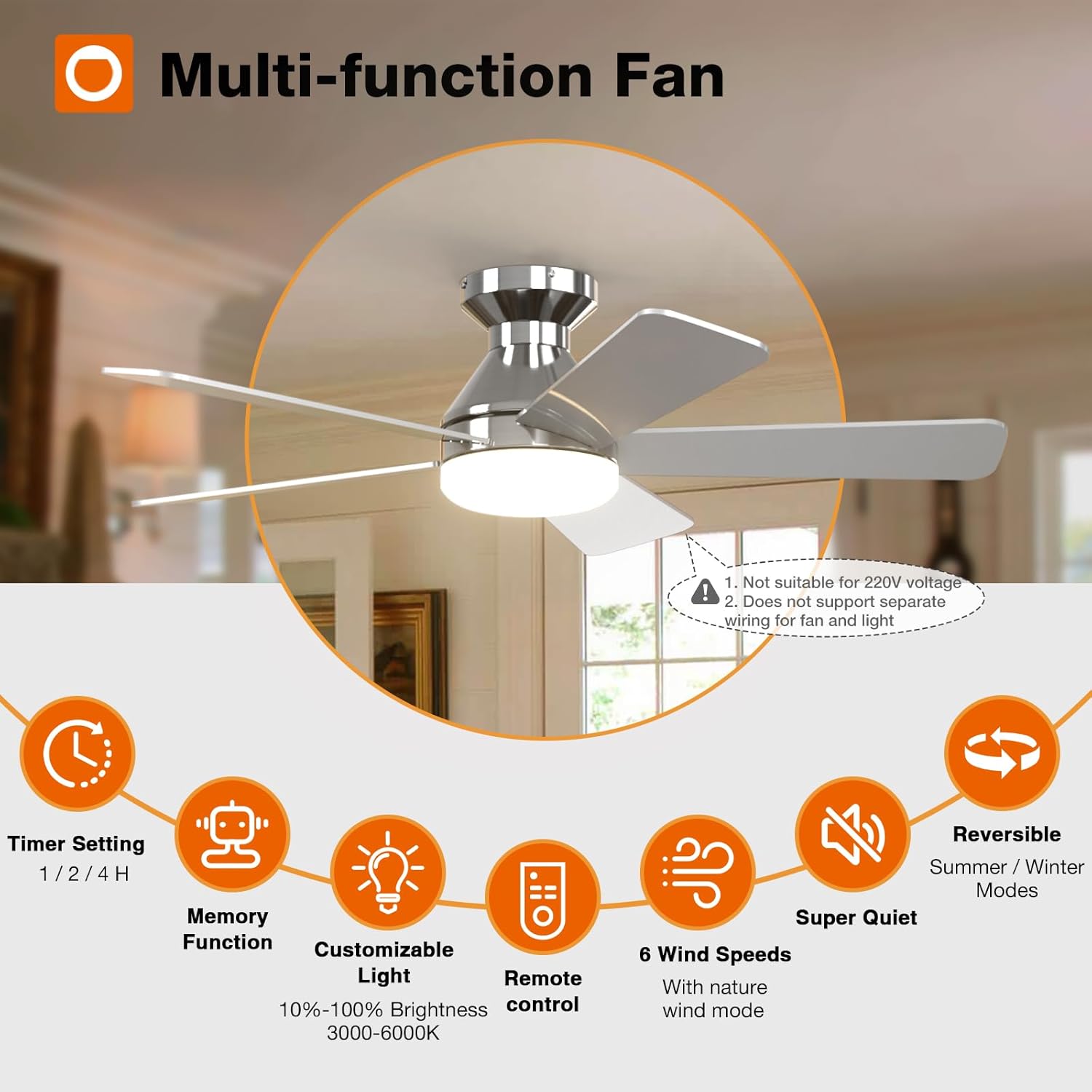 addlon ceiling fans with lights, 42 inch low profile ceiling fan with light and remote control, flush mount, reversible, 3cct, dimmable, quiet, nickel small ceiling fan for bedroom indoor/outdoor use 42 inch nickel