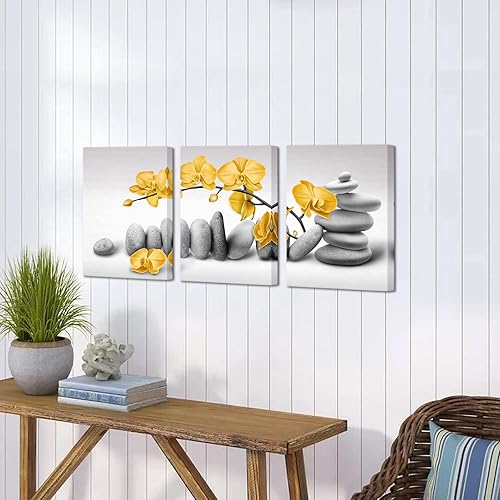 Miniatura 2 de Artmyharbor Arte de pared de orquídea zen, imágenes de flores amarillas, para baño, piedra gris, para sala de meditación de spa, 12 x 16 pulgadas