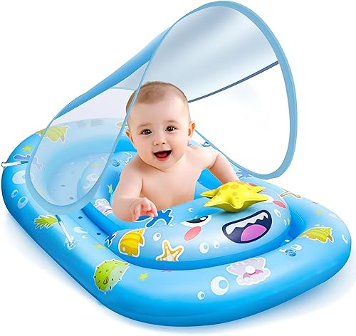 Baby Float with Canopy- UPF50+ Sun Protection Baby Pool FloatInflatable Kids Pool Float with Adjustable Safety Seat for 6-36 Months Kids