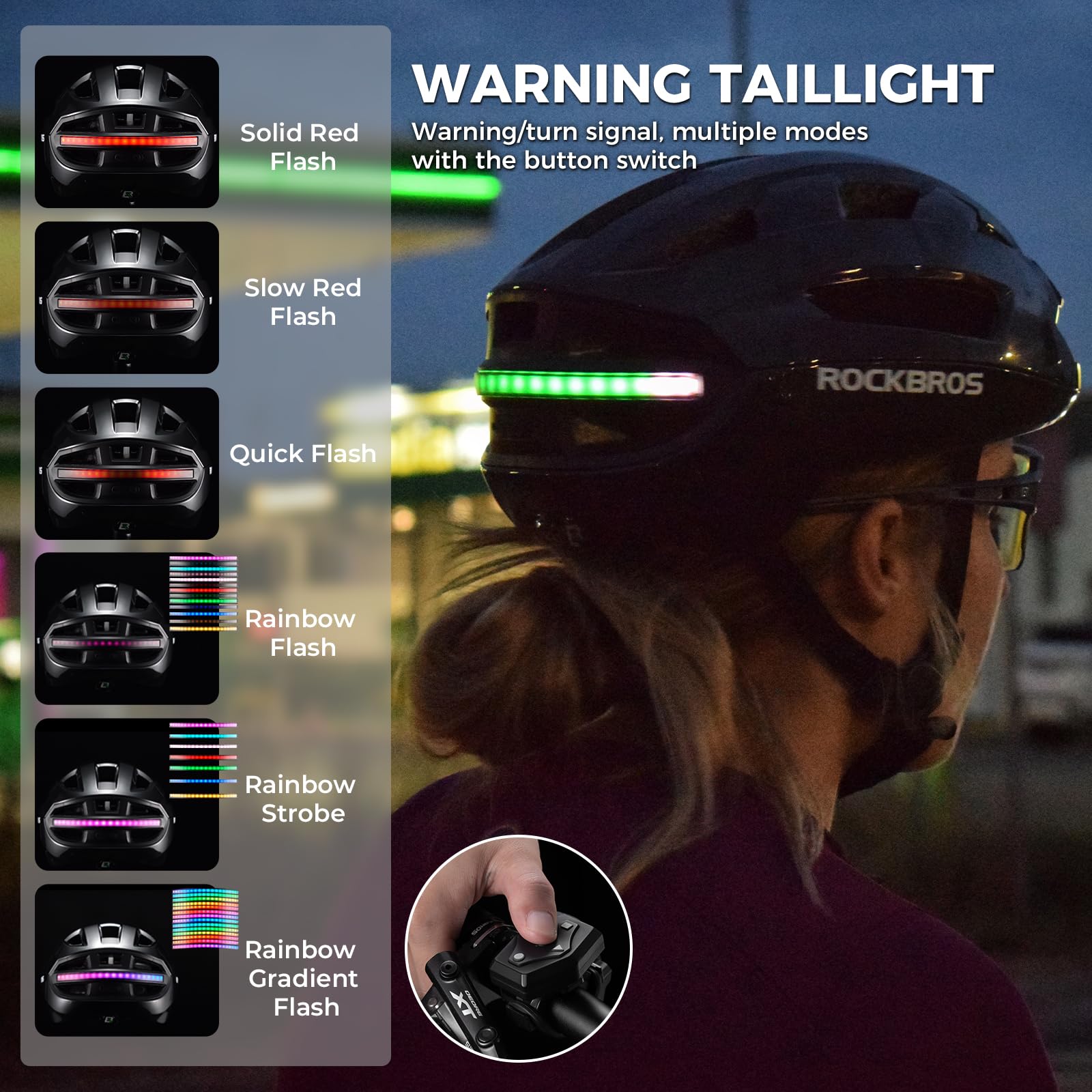 ROCKBROS Casco Bicicleta con Luces LED Delanteras y Traseras, Señales de Giro Inteligentes, Casco MTB para Ciclismo Carretera y Montaña, Ligero con Ventilación Ajustable 54-60cm