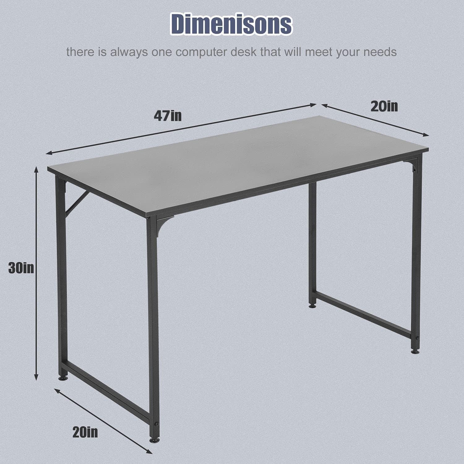Computer Desk, 47'' Study Writing Table with Adjustable Feet, Large Office Desk with Metal Legs, Modern Steel Frame Wood Study Desk for Home Office, Black