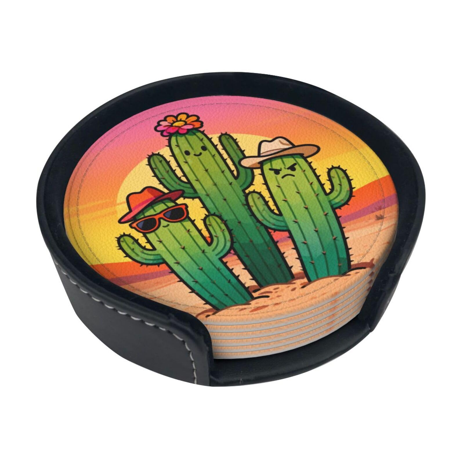 Cntdbu White Cute Cactus Leather Coasters Set Of 6-Pu Leather Drink Mats For Table, Heat Resistant Round Coasters With Holder