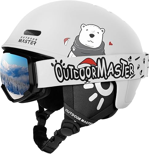 OutdoorMaster Juego de casco y lentes de esquí para niños, casco de snowboard, carcasa de policarbonato duradera y espuma EPS, casco de nieve con 12