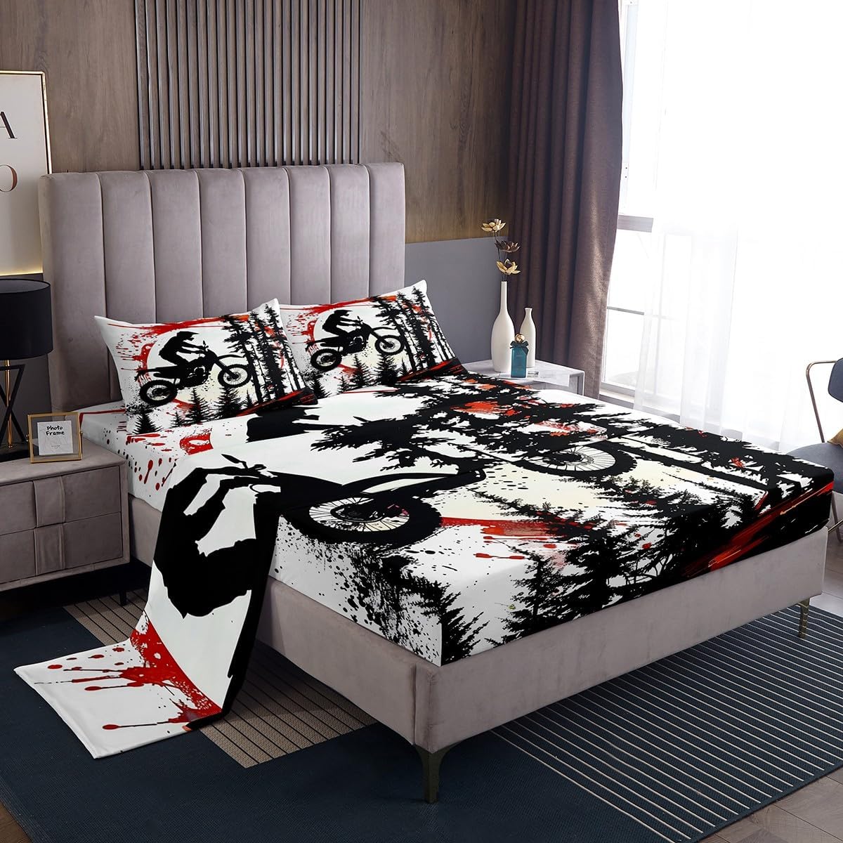 Feelyou Motocross Bed Sheets Set Twin Size Red Splatter Elements Bed Set Dirt Bike Deep Pocket Fitted Sheet Motorbike Breathable Soft Lightweight Microfiber Dynamic Racing Scene