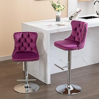 Set of 2 Modern Swivel Adjustable Bar Stools, Purple Velvet Tufted Bar C...