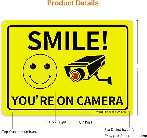 Miniatura 3 de Cartel de "Smile You're on Camera", paquete de 2 letreros de videovigilancia, señal de advertencia de aluminio de 10 x 7 pulgadas, protección UV,