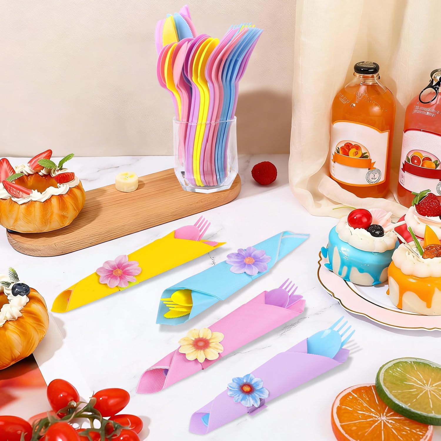 24 Pack Pre Rolled Spring Floral Napkin Cutlery Set Pastel Plastic Silverware Heavy Duty Plastic Cutlery Set Heavyweight Wrapped Cutlery Set with Knives Forks Spoons Napkins for Spring Party