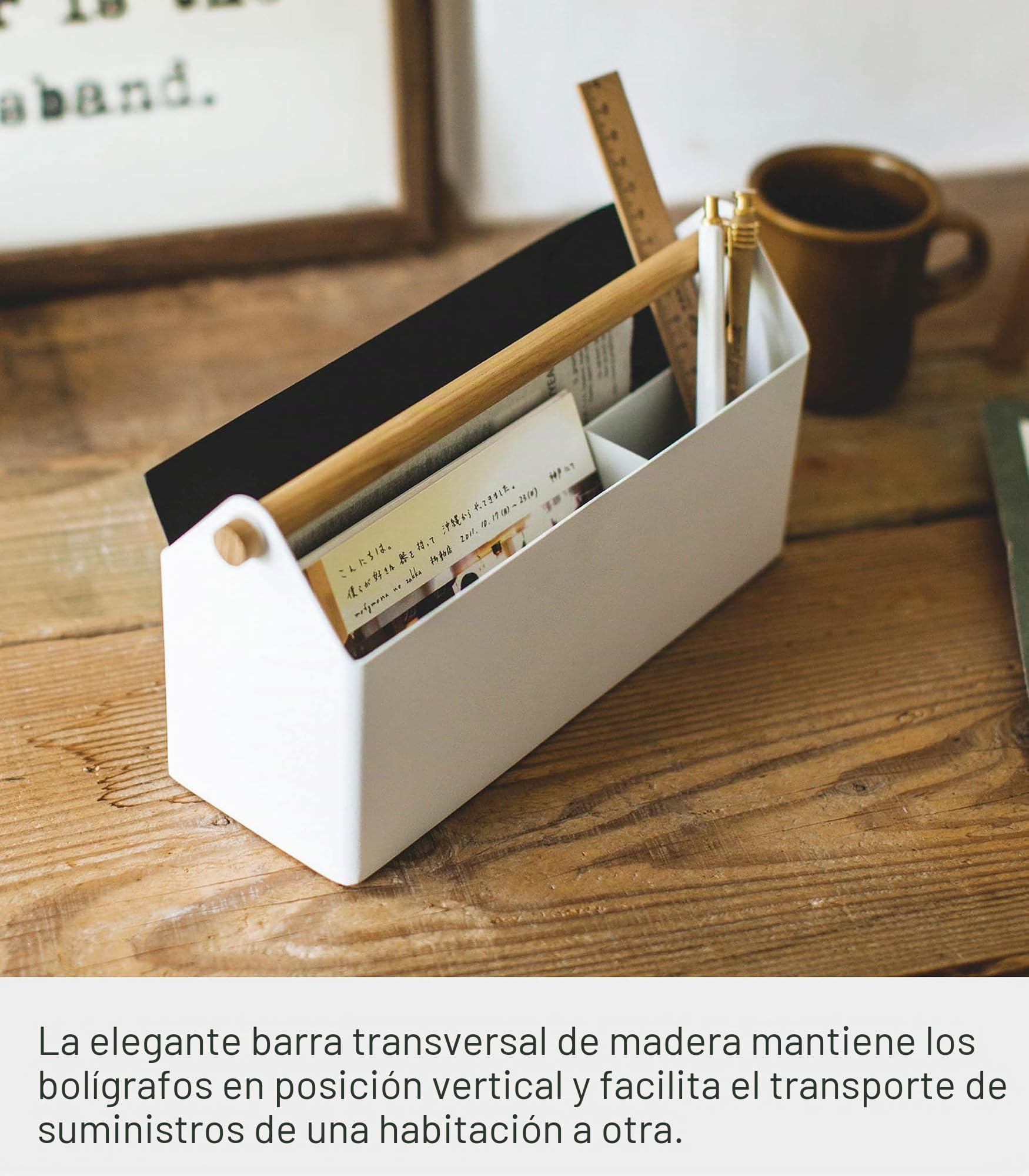 YAMAZAKI 4152 TOSCA Pen Stand Wide, white, Steel/Wood, 27 x 8.5 x 13.5 cm