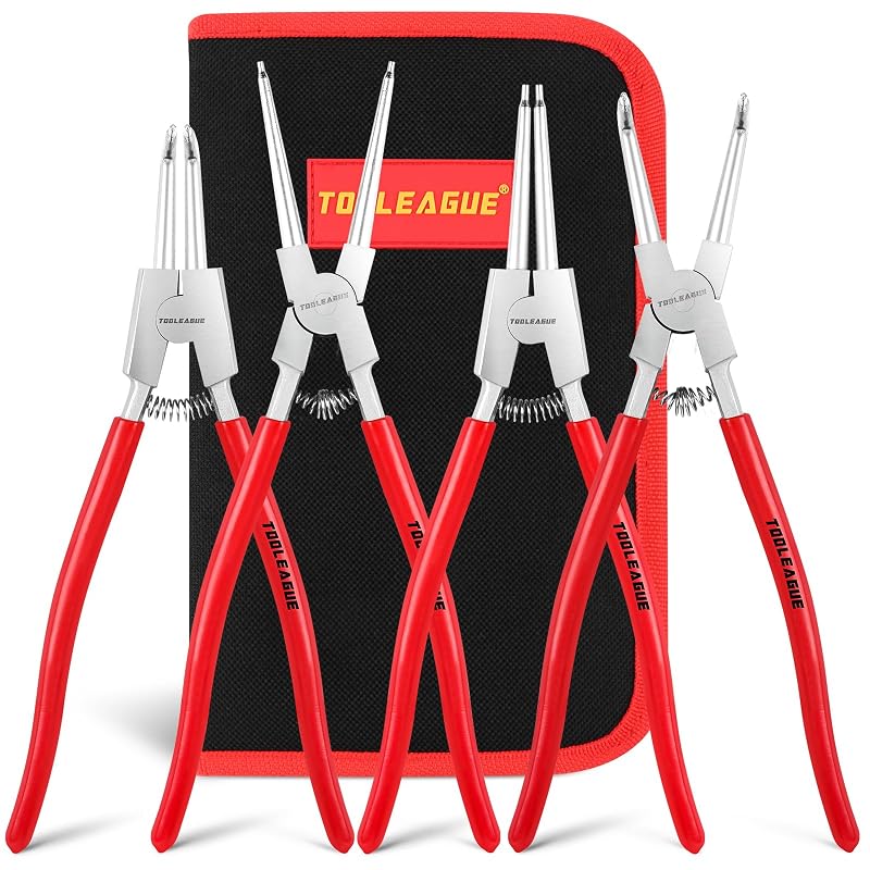 Alicate para anéis de retenção TOOLEAGUE, conjunto com 4 peças de 33 cm, interno e externo, reto e angulado, vermelho
