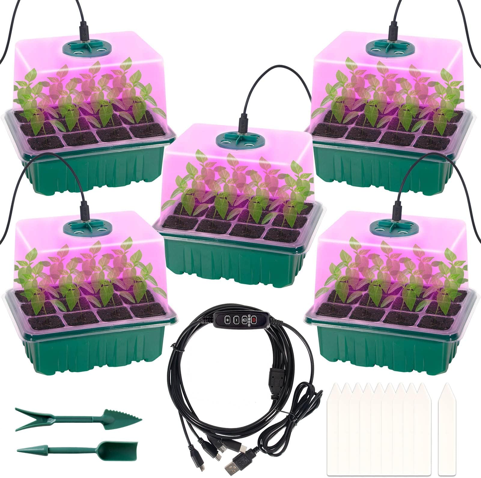 ZYP 5 PCS Seed Starter Trays Kit, Seedling Trays Seed Starter Tray with Dome and Light Greenhouse Growing Trays Plant Germination Trays with Holes (60 Cell Tray)