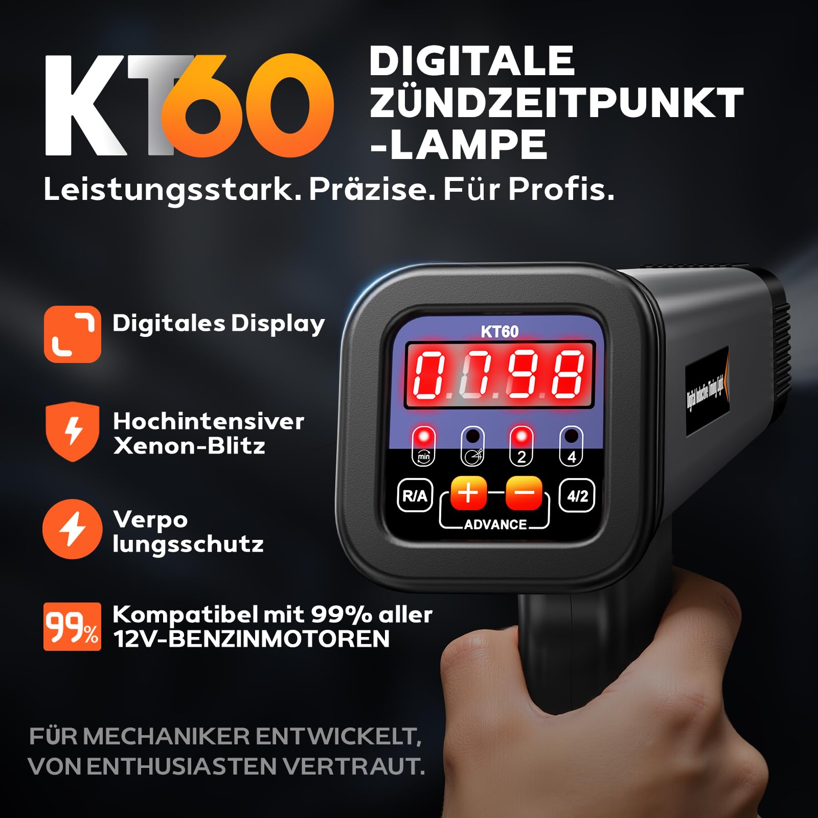 KZYEE KT60 Stroboskoplampe Zündung mit Advance & RPM 12V Zündlichtpistole | LED-Digitalanzeige Blitzpistole einstellbar Zündzeitpunktpistole für 2/4 Takt Auto LKW Motorrad Benzinmotoren Timing Light