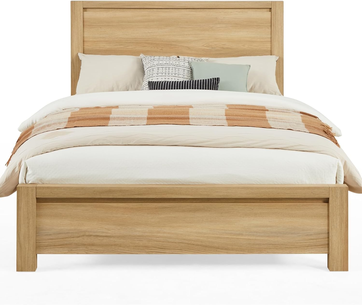 Queen Bed Frame with Headboard, Mid-Century Modern Queen-Size Bedframe with Wood Slat Support, Noise Free, No Box Spring Needed, 1000Lb Capacity, Easy Assembly, Natural Oak