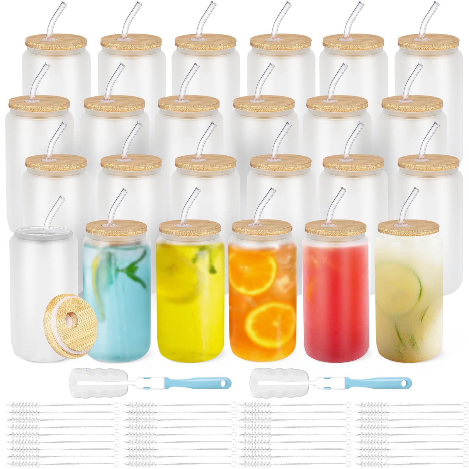 36 vasos con popote de vidrio y tapas de bambú, con forma de lata de cerveza de 16 onzas, vaso de café helado, taza transparente para cóctel, cola, jugo, refrescos, té, agua, juego de regalo