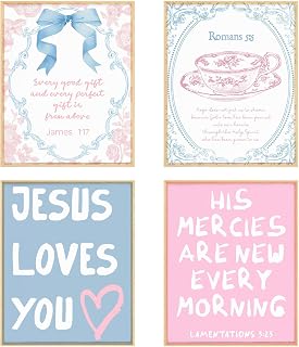 BRRNYOI Coquette Preppy Christian Wall Art Posters Set of 4, Bible Verse Decor, Blue and Pink Floral Religious Scripture Canvas Prints Wall Decor for Girls Bedroom Dorm Apartment, 8x10 Unframed
