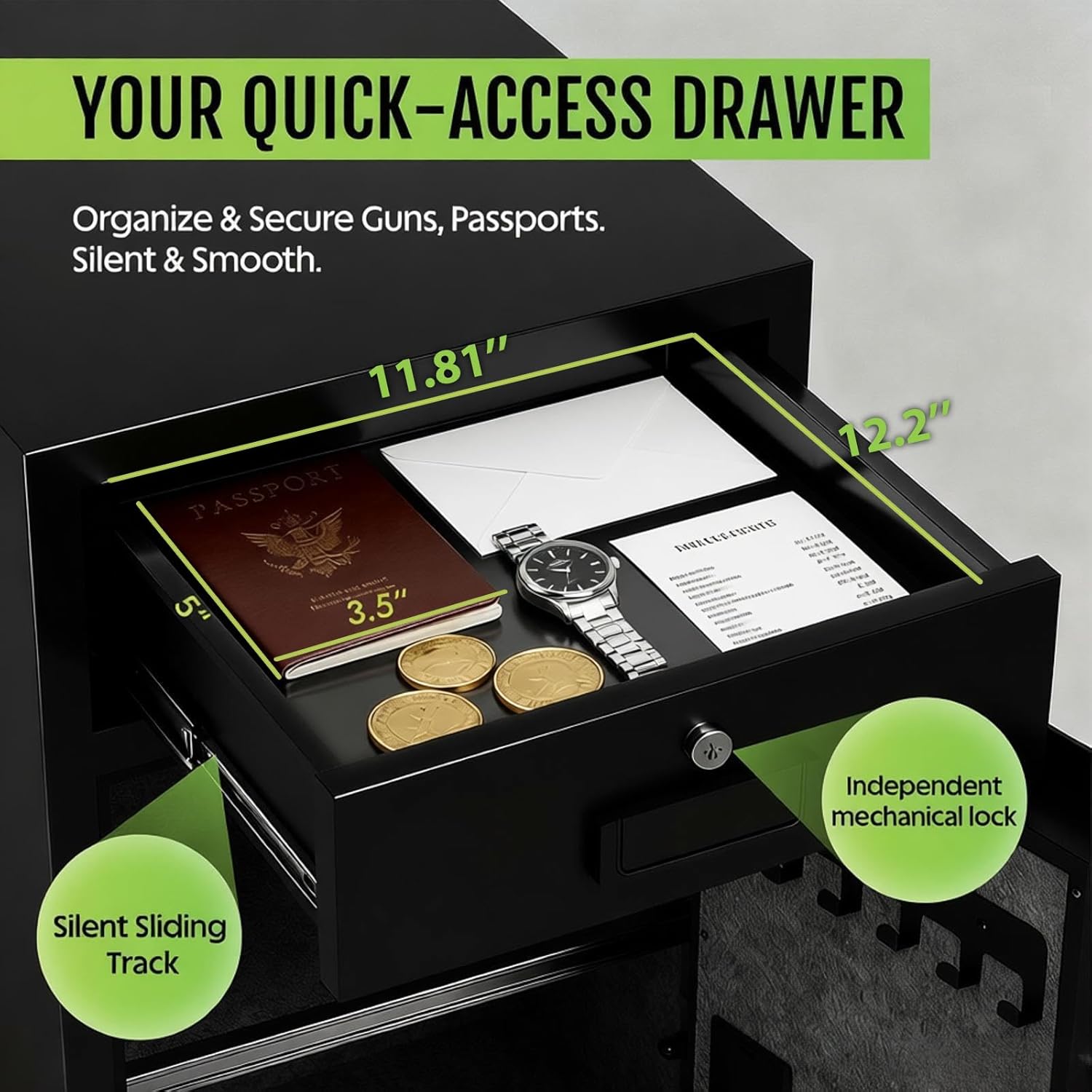 KAER 5.1 Cub Heavy Duty Drawer Safe for Hotel, Home and Office - Digital Keypad Jewelry Safe with Lock Box, Vibration Alert, and Fireproof Waterproof Document Bag