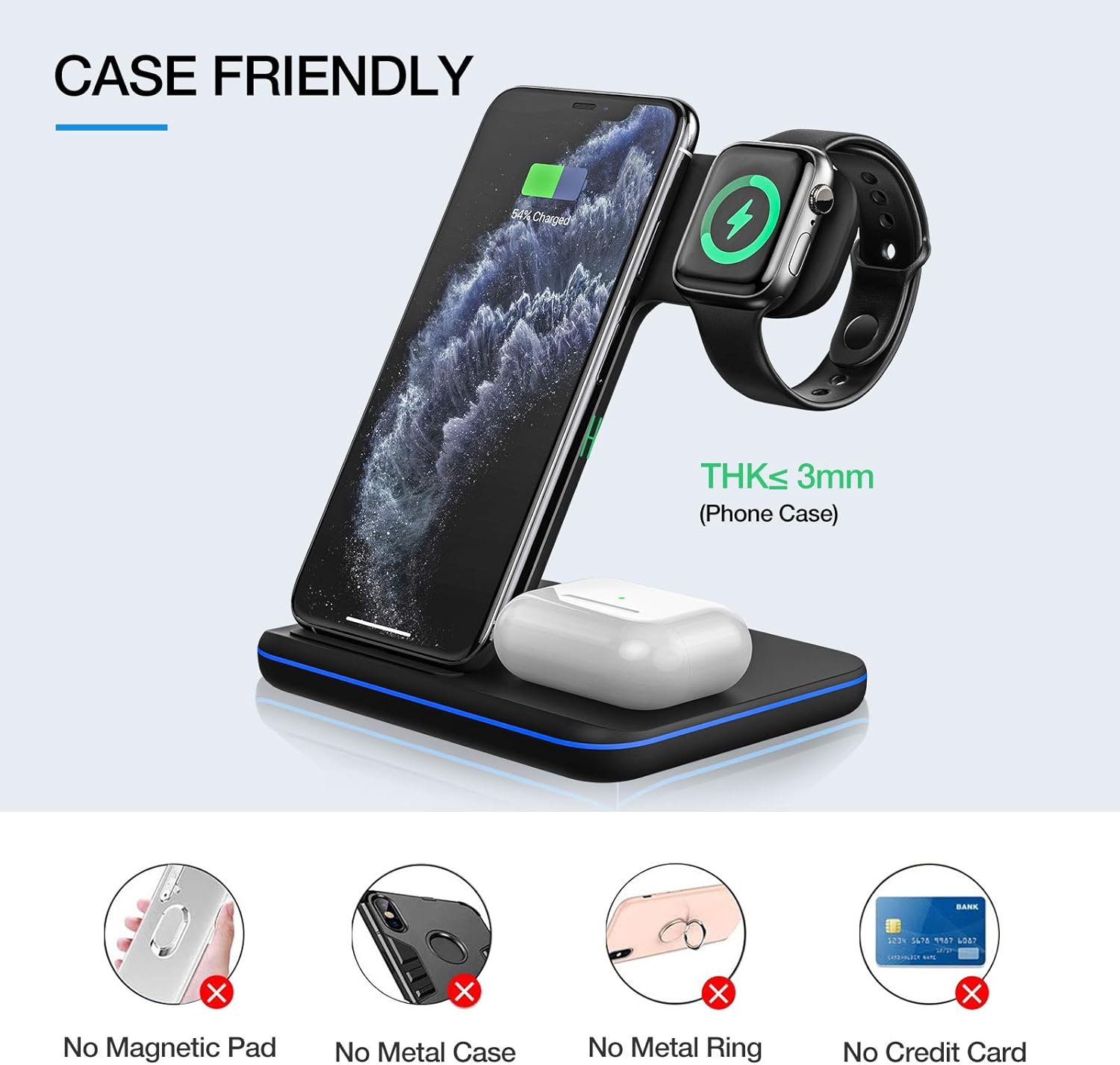 Upgraded Wireless Charging Station, 3-in-1 Wireless Charger Stand for Apple Watch 6/5/4/3/2/1, Airpods Pro/2, iPhone SE II/11/11 Pro/11 Pro Max, XS Max/XS/XR/X/ 8/ Plus, Samsung S20/S10/S9, Note 10/9