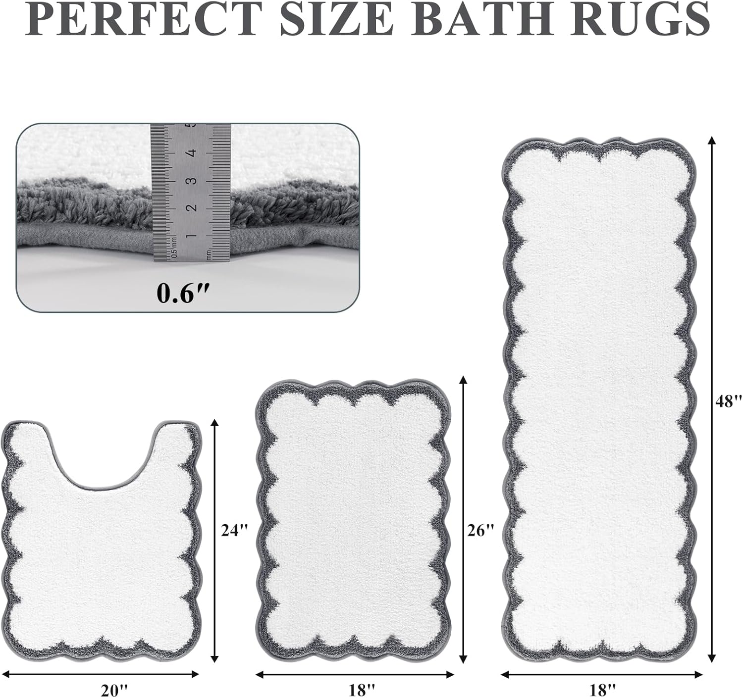 Pauwer Bathroom Rugs Set 3 Piece, Scalloped Non Slip Washable Bath Mat with U-Shaped Toilet Rug, Extra Absorbent Quick Dry Soft Plush Shower Mats for Floor Sink, White and Dark Grey