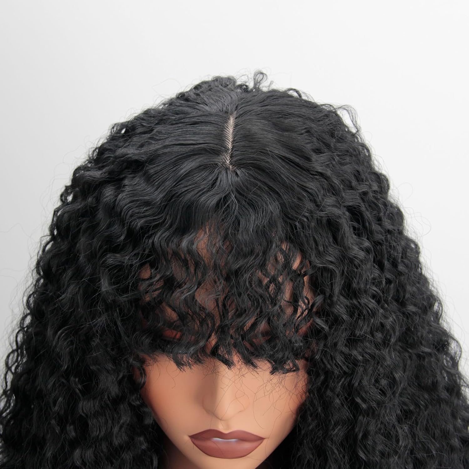Curly Wig for Women and Girls Long Afro Curls Wigs with Bangs Synthetic Hair Replacement Wigs for Cosplay and Daily Use Natural Black Curly Wig 16 Inch