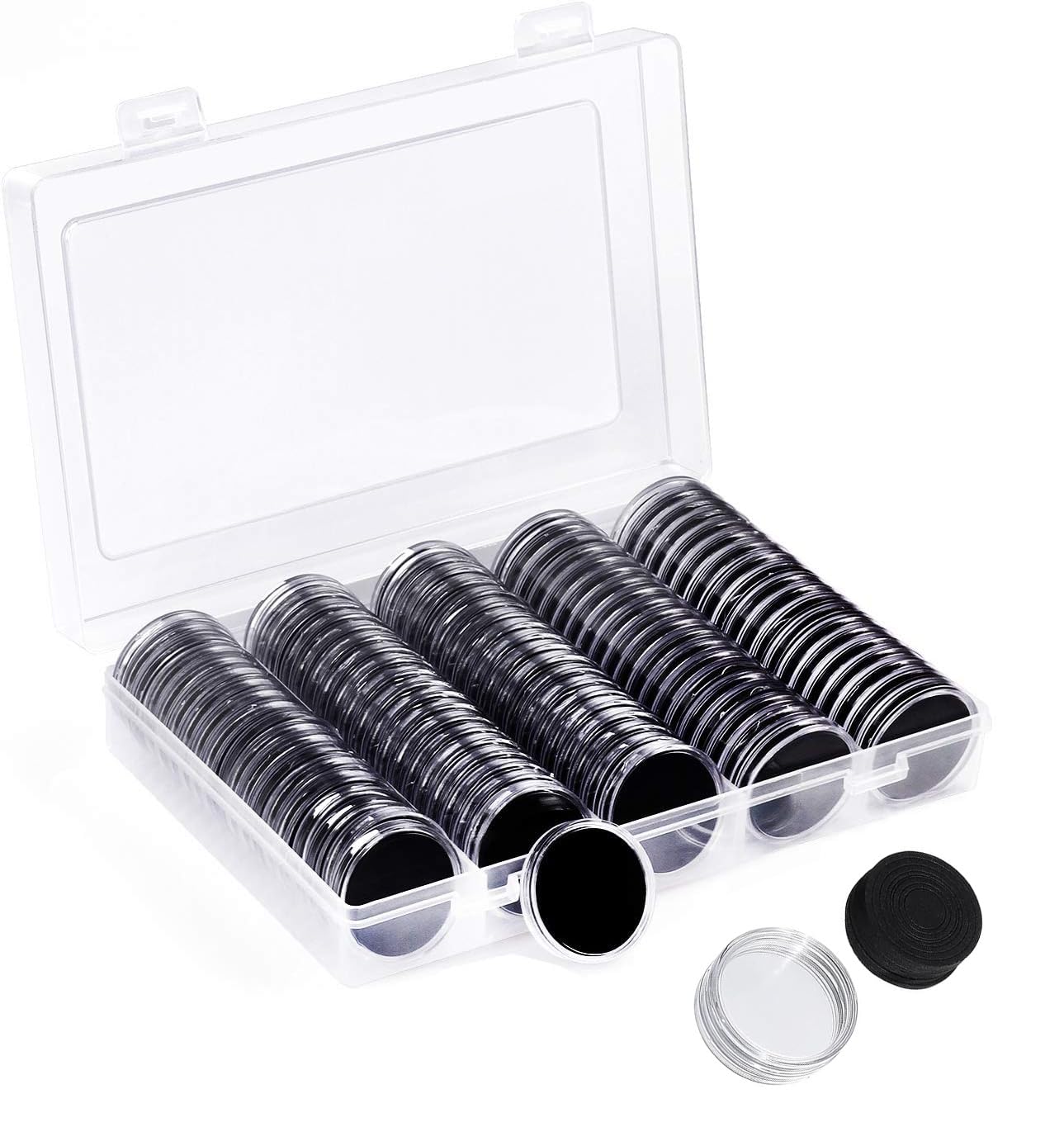 100 Pieces 30mm Coin Capsules and 5 Sizes (17/20/25/27/30mm) Protect Gasket Coin Holder Case with Plastic Storage Box,for Coin Collection