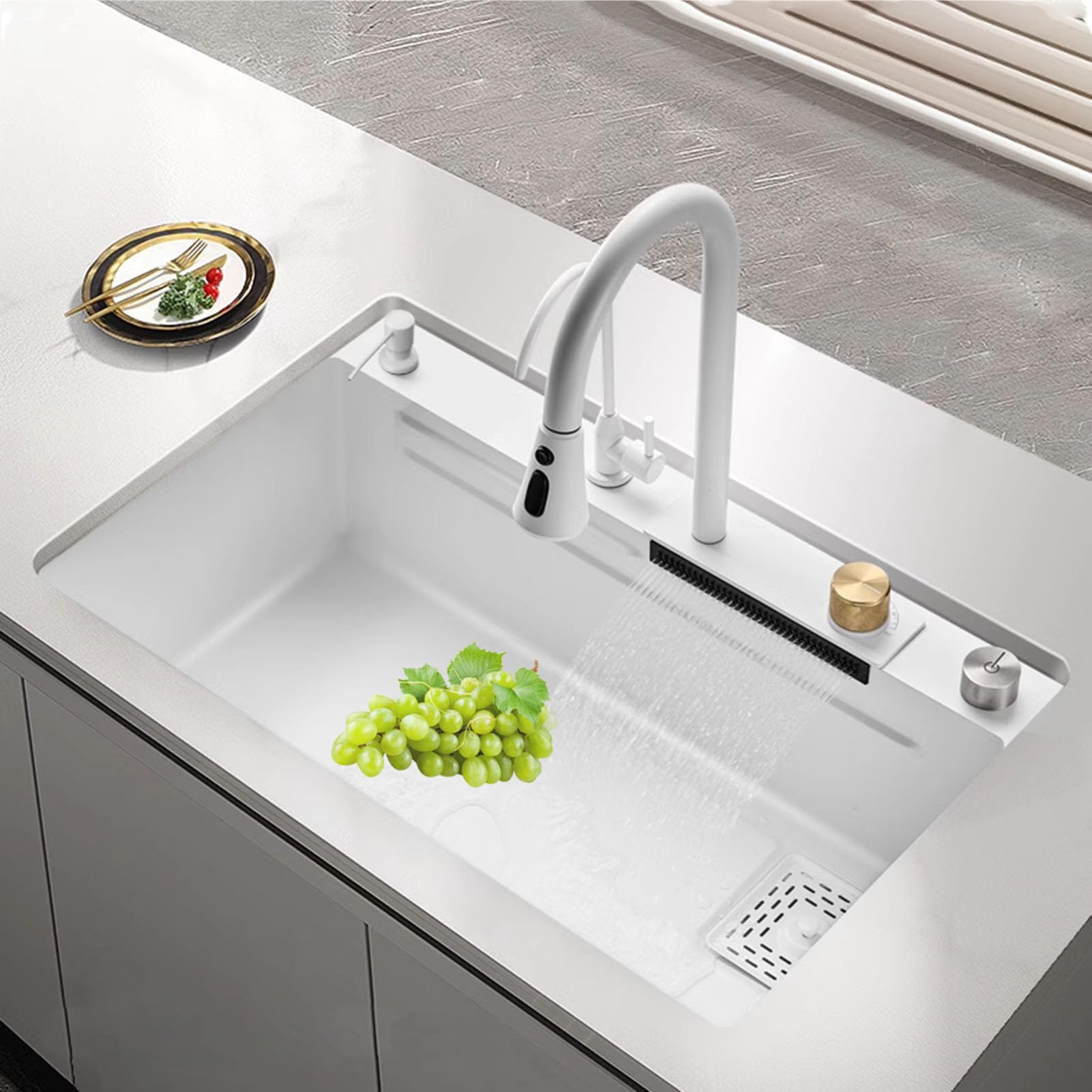 Fregadero de cocina blanco Fregadero de acero inoxidable Fregadero para el hogar Fregadero de cocina de una estación de trabajo con grifo extraíble y varios accesorios (Blanco,68 * 45 * 22CM)