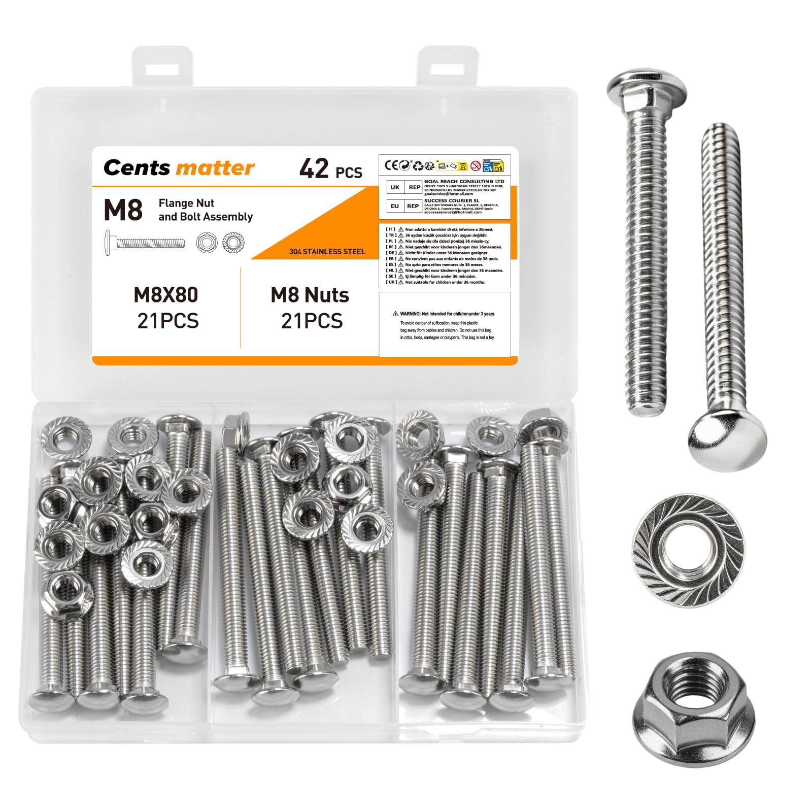 42 Pcs M8 Coach Bolts, M8 x 80mm Cup Square Carriage Bolts and Nuts Set, Stainless Steel Coach Screws with Hexagon Flange Nuts