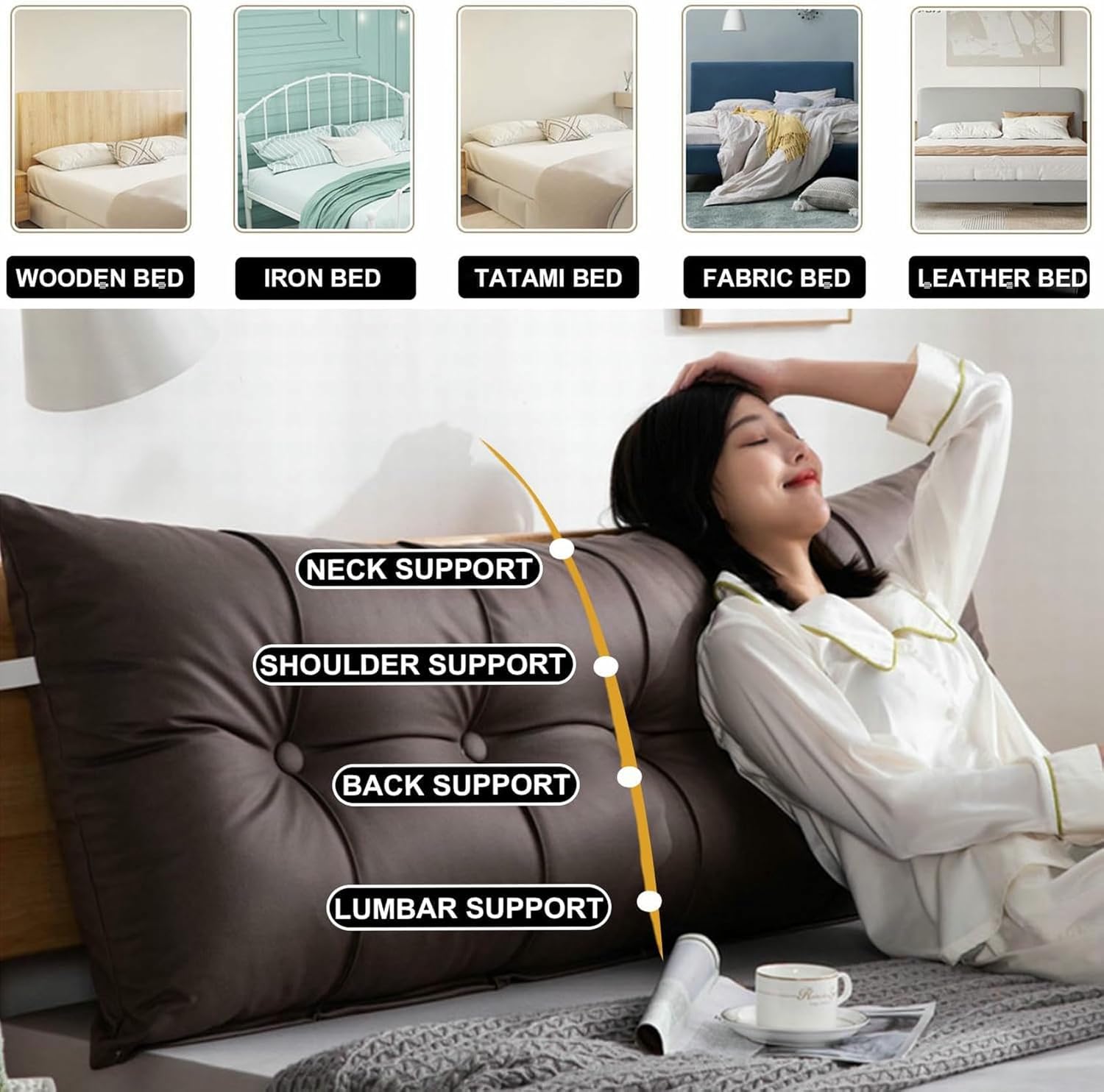 Soft Reading Bed Rest Pillow,Long Headboard Backrest Large Bolster Wedge Pillow Solid Color Neck/Back/Lumbar Support Pillowboard Dorm Daybed Cushion~/