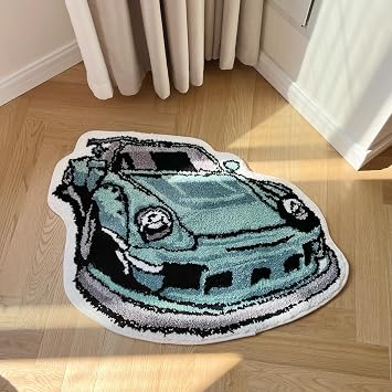 LAKEA Enthusiast Green Sports Car Shaped Flocking Rug Irregular Geometric Carpet Bed Side Anti Slip Floor Pad Doormat Aesthetic Home 31.5 X24 Inch