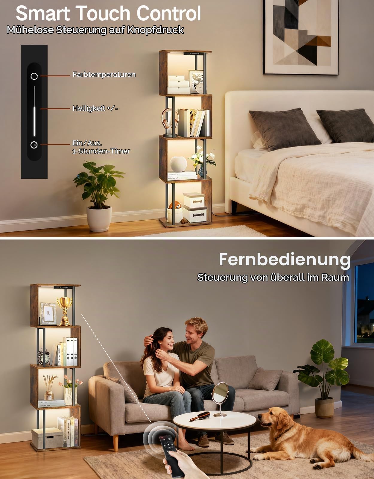 5 Ebenen S-förmiges Bücherregal mit LED-Beleuchtung, 3 Farbtemperaturen, Touch- und Fernbedienung, Dimmbares Standregal, Kleines Ausstellungsregal für Wohnzimmer, Schlafzimmer, Büro.