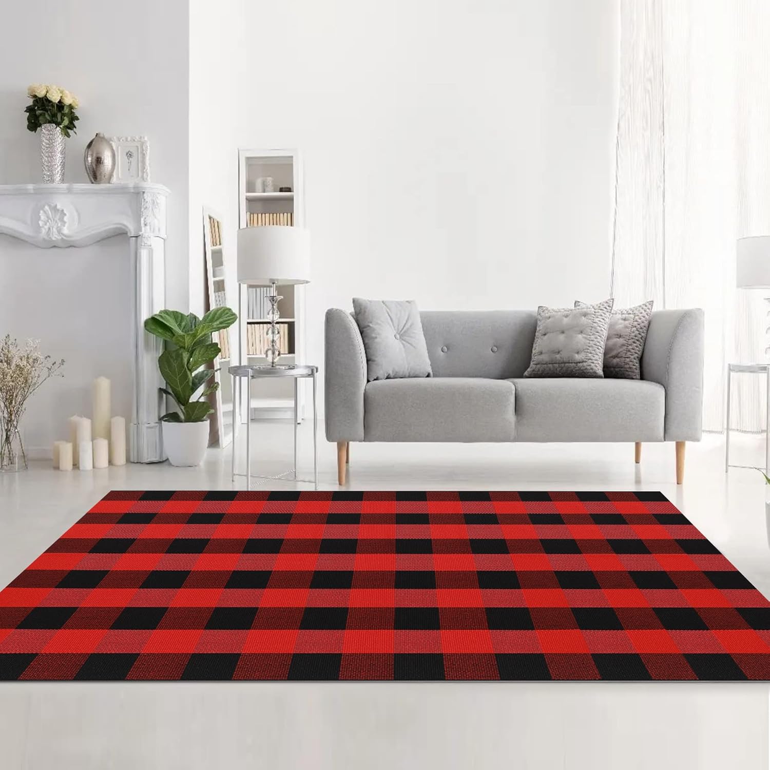 MUBIN Cotton Buffalo Plaid Rug, 4' x 6' Red Black Outdoor Rug Decorative Mat, Washable Large Christmas Doormat Foldable Area Rug for Outdoor Patio Indoor Living Room Dining Room Kitchen