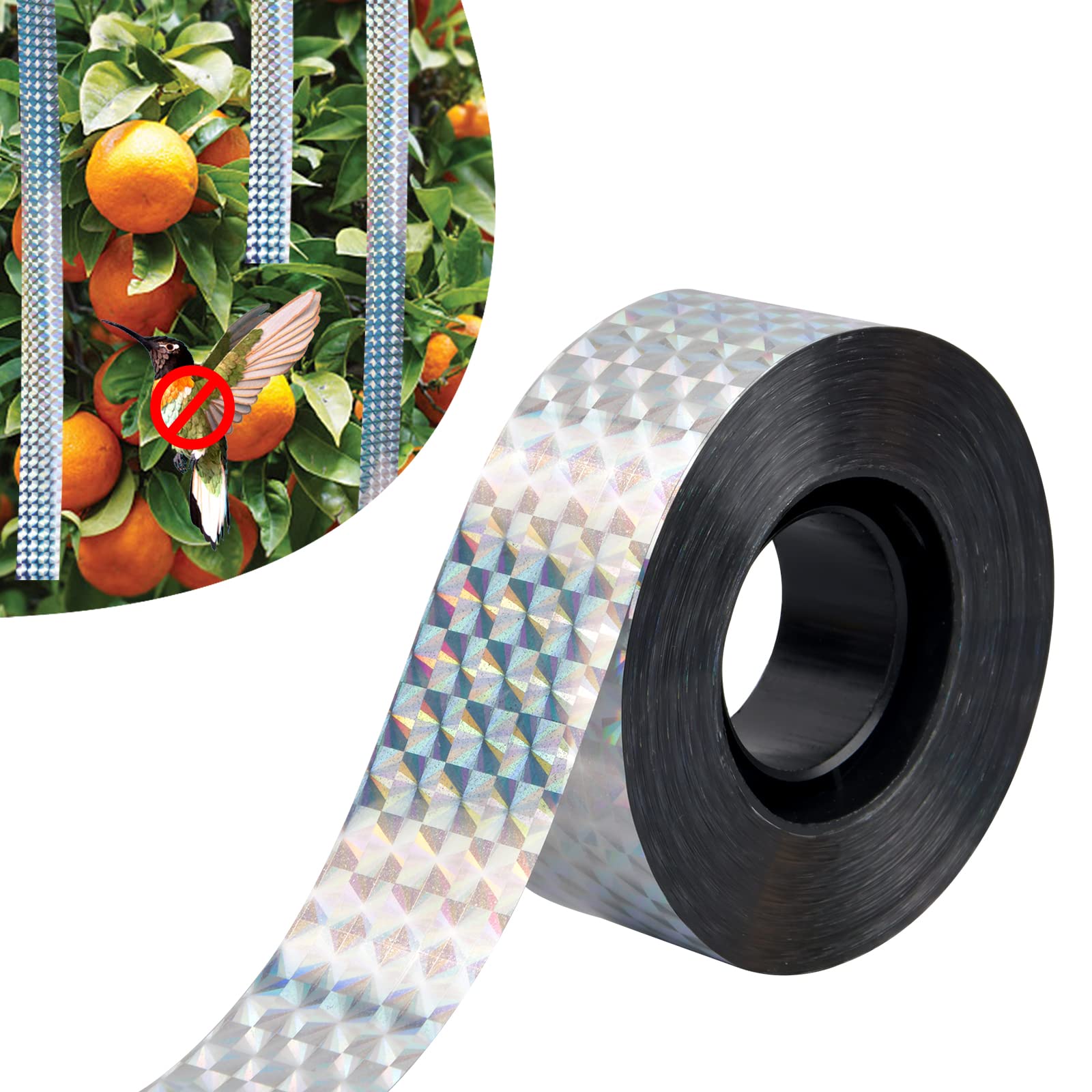 Mikihat Bird Repellent Scare Tape, Bird Scare Sound and Reflective Tape Silver Colorful Pattern, Bird-proof Tape Deterrent Ribbon Stops Damage and Deters Pests, for Garden,Farm, Orchard(90m)
