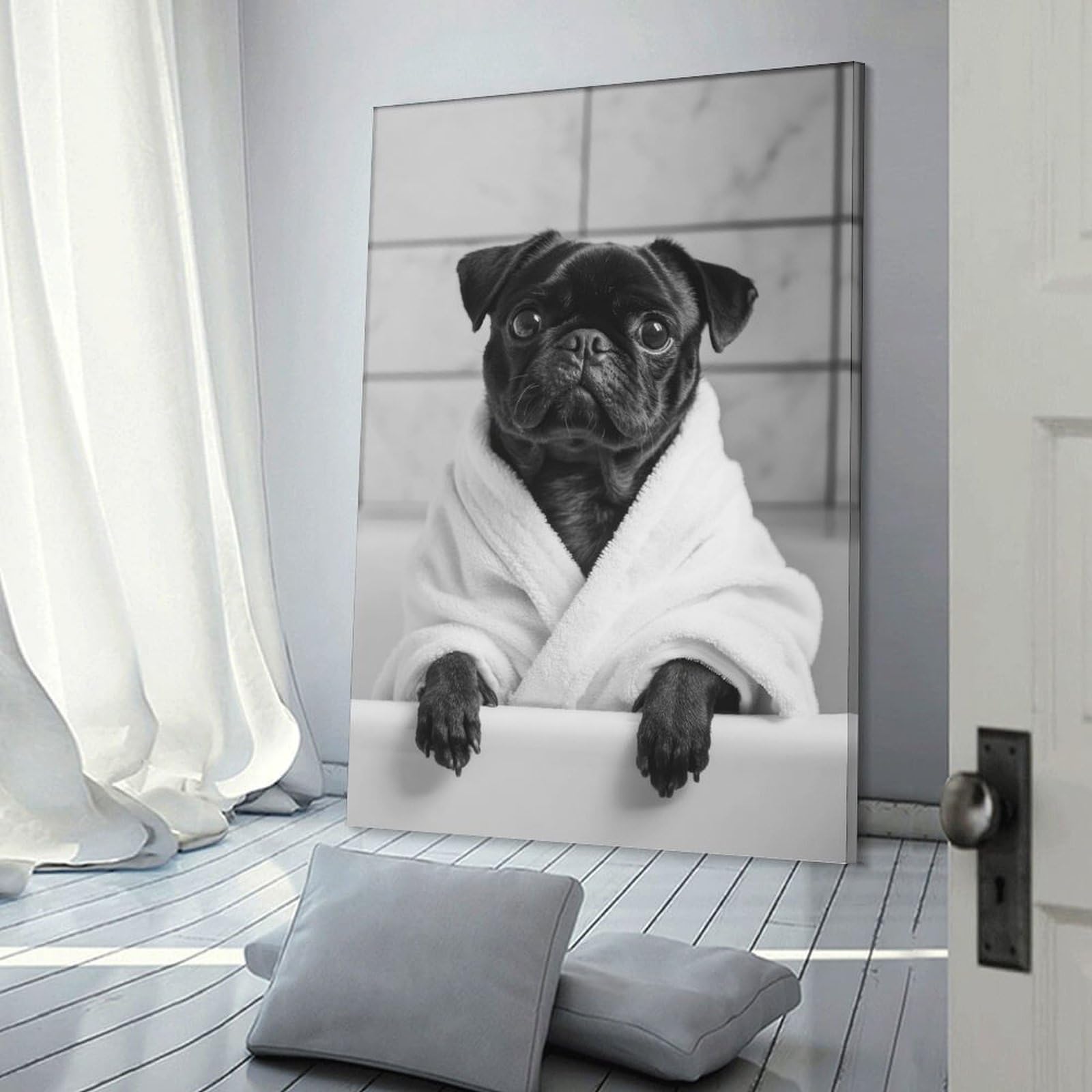 Junmoney Frame-Style-18 Pug In Robe Funny Bathroom Poster Wall Picture Print, 12X18inch(30X45cm), For Living Room, Bedroom, Office Or Hallway, An Adaptable Decor Piece For Home Use