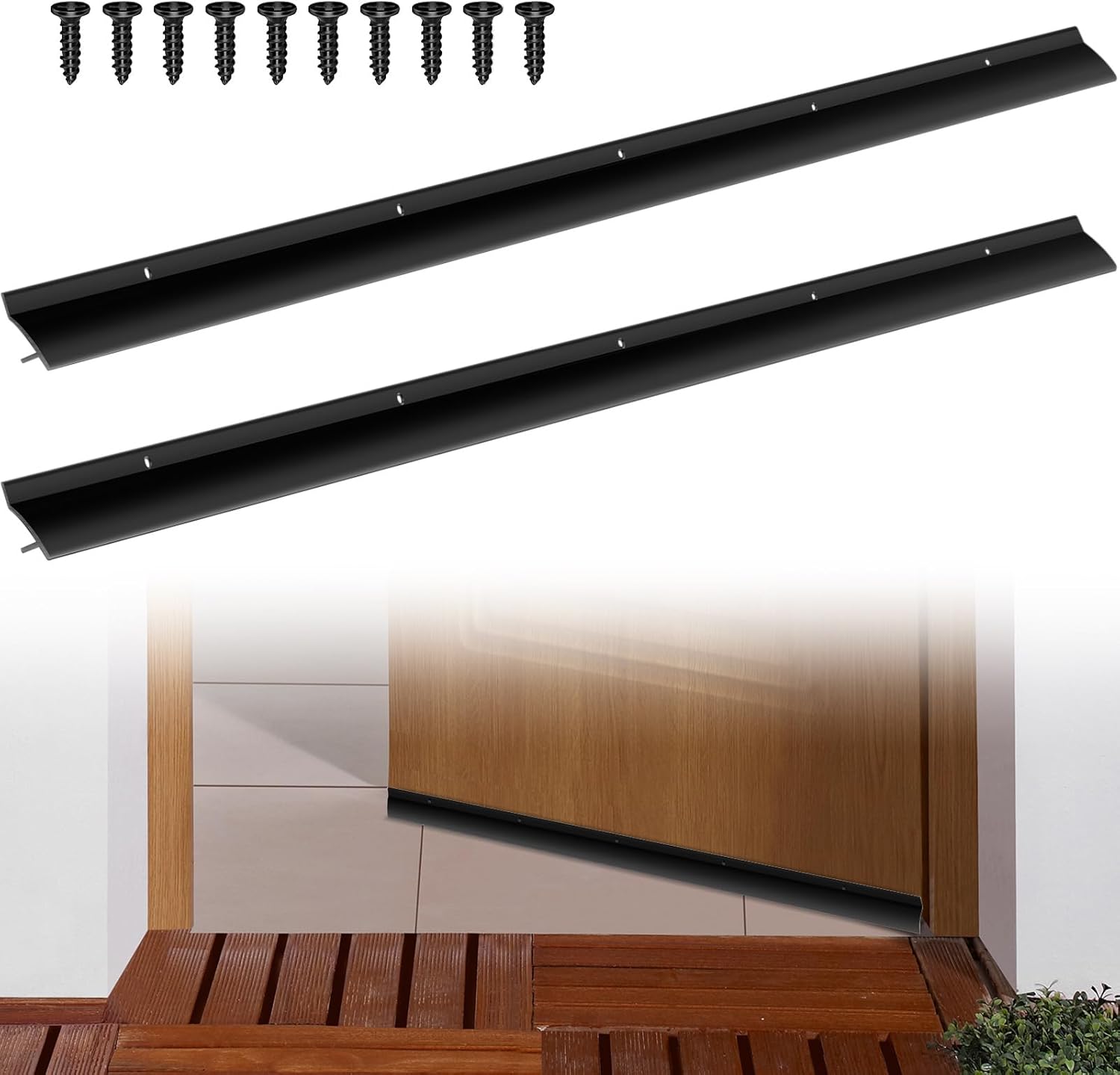 Blulu 2 Pcs 37 in Aluminum Door Drip Cap with Screws, Rain Drip Guard, Door Bottom Sweep Edge Deflector Overall Height 1-1/2 in Window Rain Deflector for Diverting House Rainwater (Black)