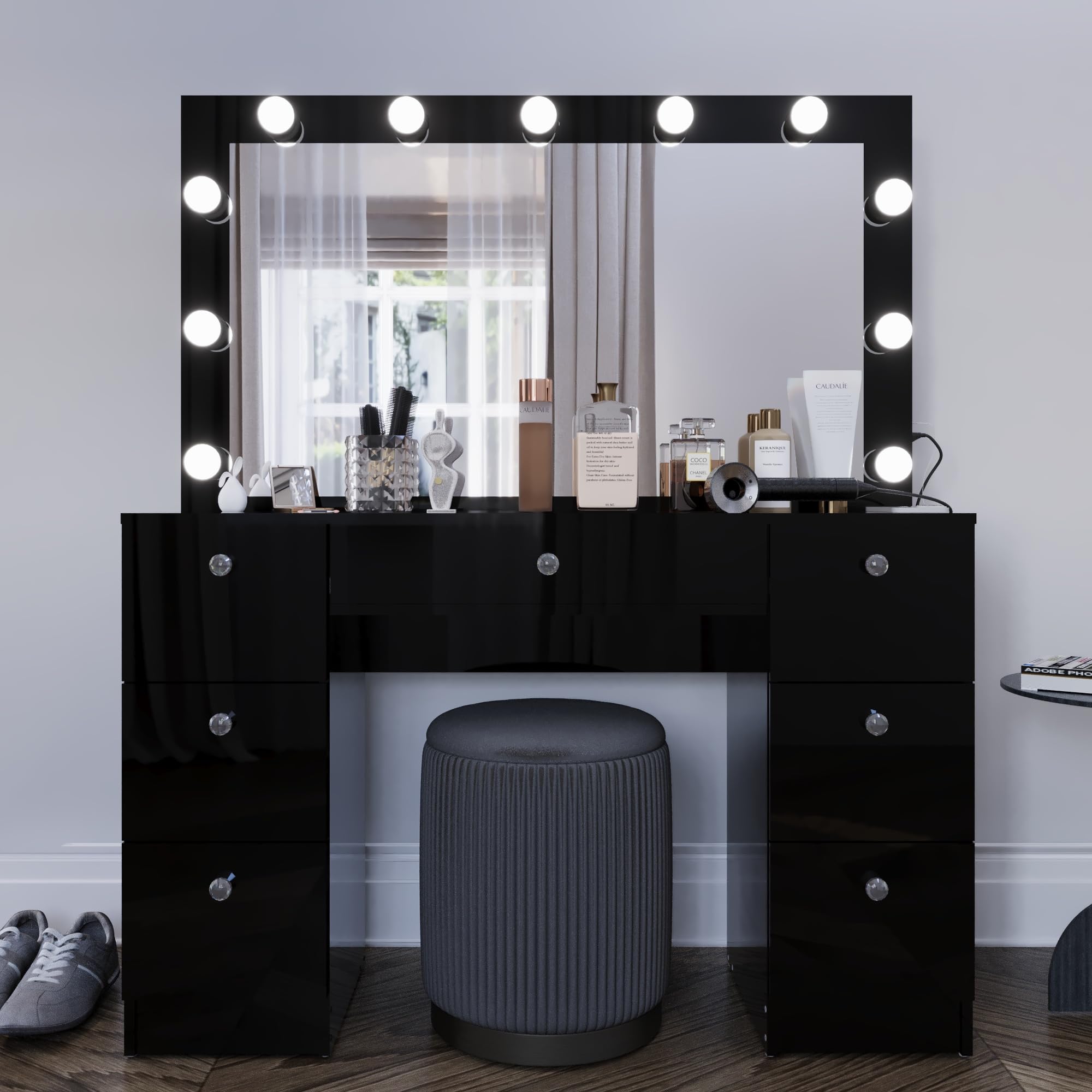 Boahaus Freya Large Makeup Vanity Desk with Hollywood Vanity Mirror with Lights, 7 Drawers, Non-Glass Top Vanity, Basic Knobs, 56.13'' H x 46.44'' W x 15.44'' D (Black-1)