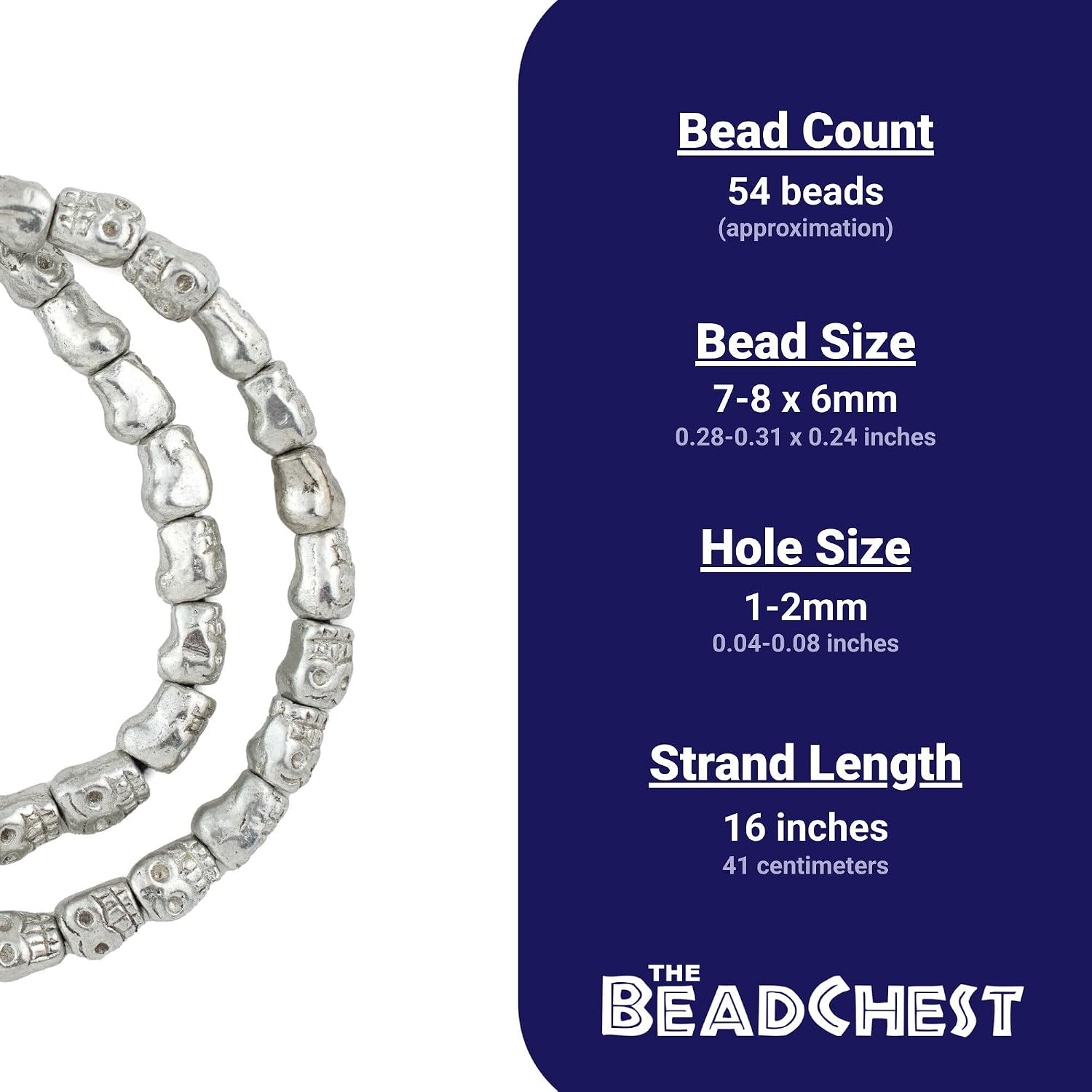 The Bead Chest 8x5mm Metal Skull Beads for Jewelry Making – Silver Finish – 16 Inch Strand, Durable Brass Base, Hole Size 1-2mm – DIY Crafts, Necklaces, Bracelets, Tribal & Goth Designs