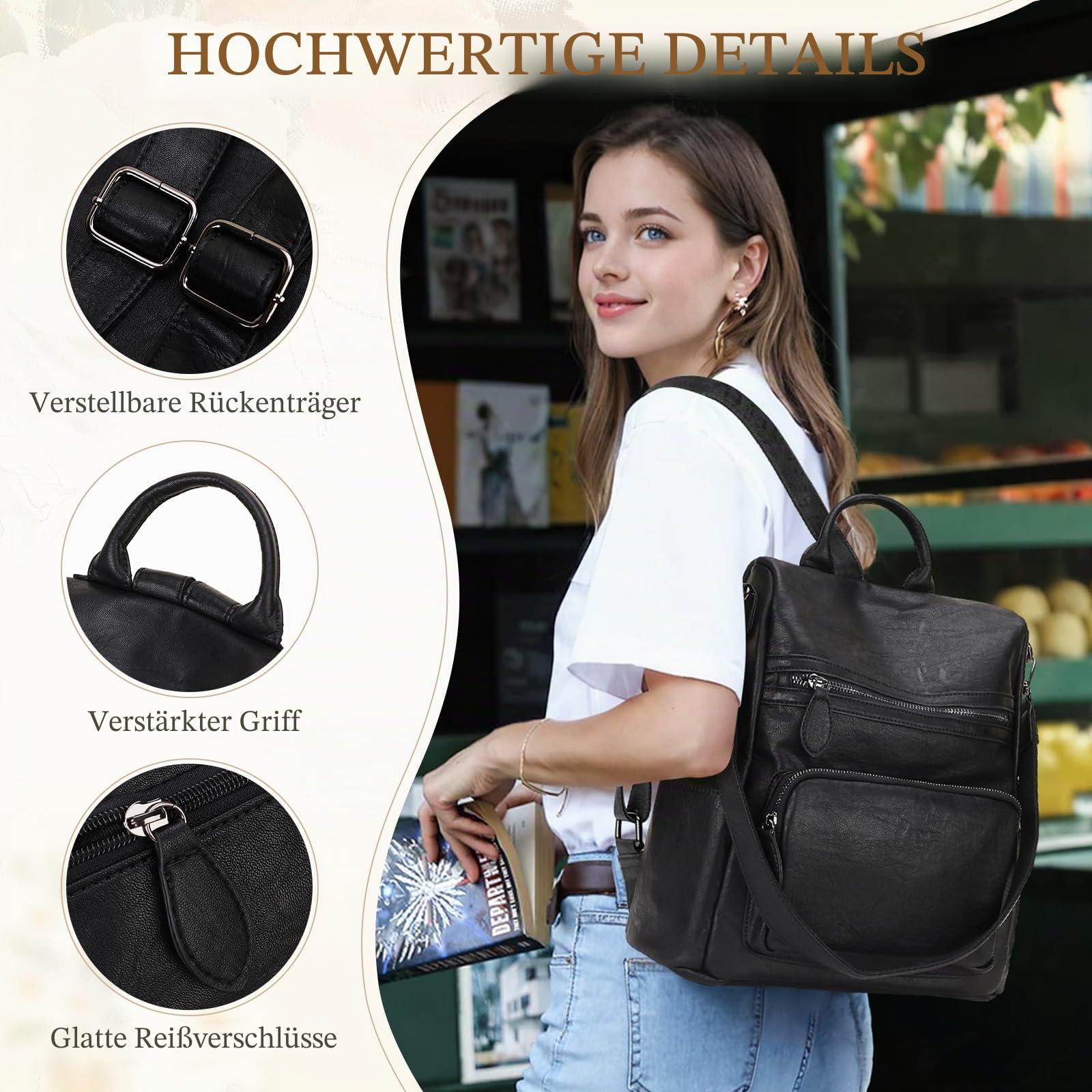 RAVUO Rucksack Damen, Elegant Cityrucksack Anti Diebstahl Pu Leder Rucksackhandtasche Wasserdicht Rucksack Tasche 2 in 1 Schwarz