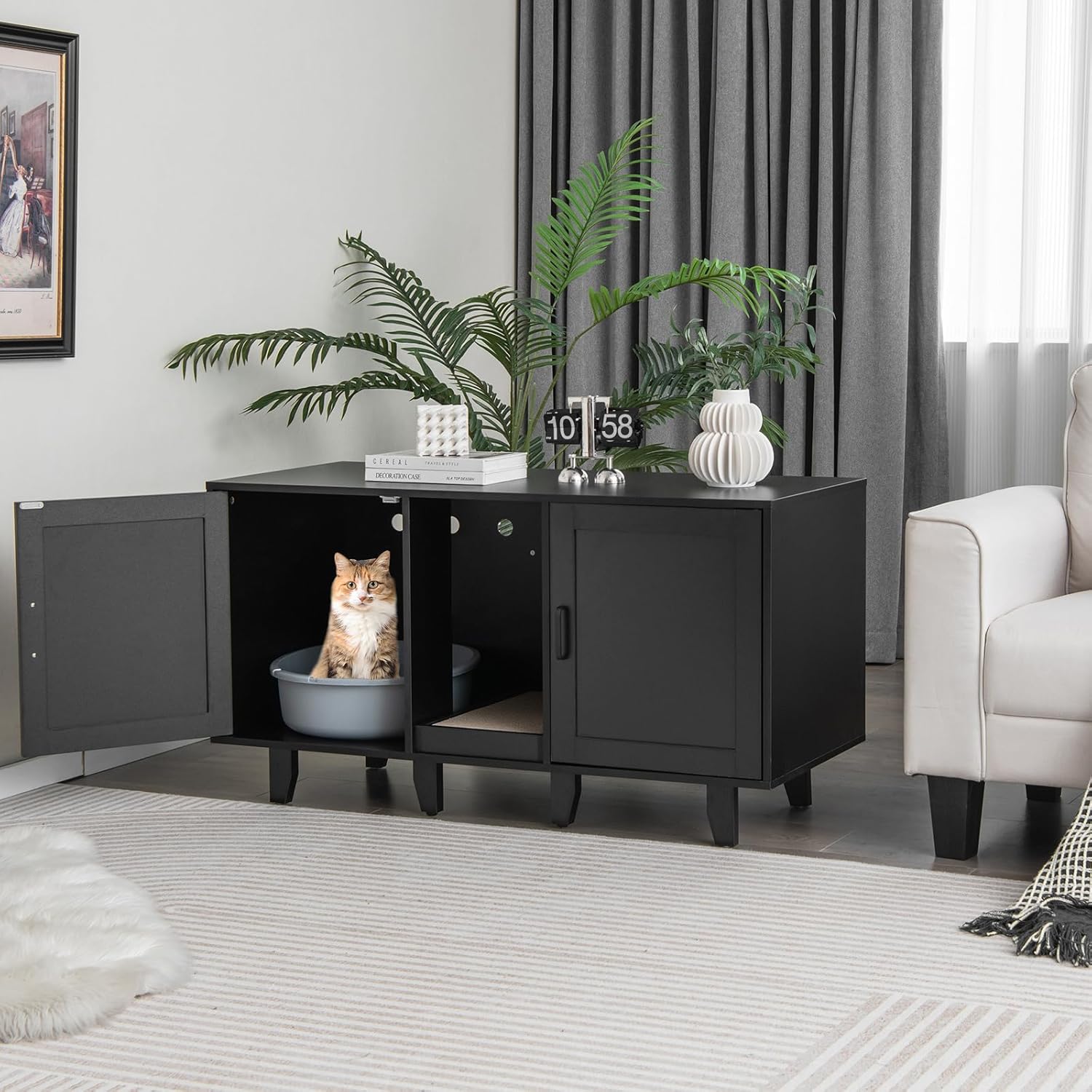 Tangkula Double Cat Litter Box Enclosure for 2 Cats, Large Stackable Hidden Privacy Cat Washroom Cabinet with Scratching Board, Indoor Cat House TV Stand Side Table, Litter Box Furniture (Black)