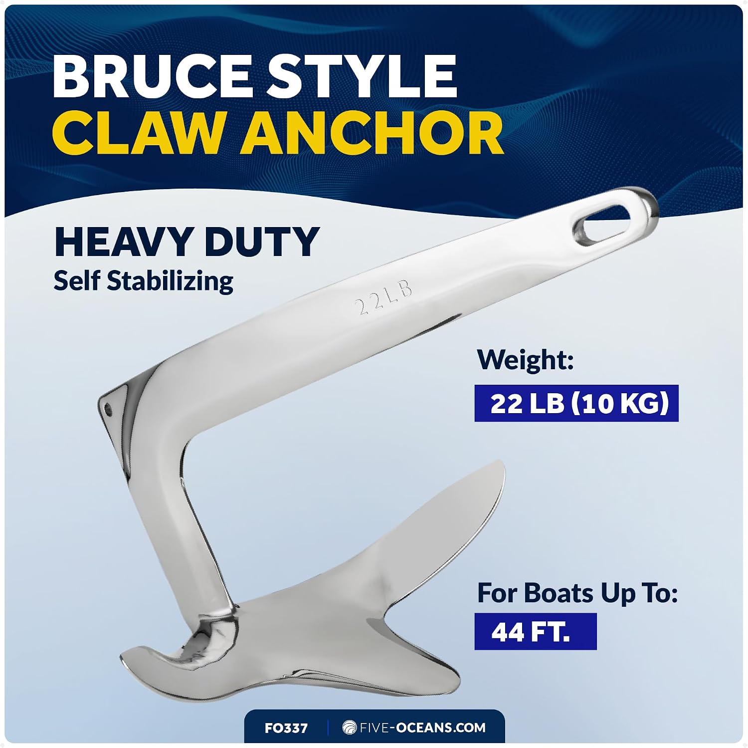 Five Oceans Bruce Style Claw Anchor, Boat Anchor, Multiple Sizes, for Pontoon, Kayaks, Paddle Boards, Fishing Boats, Bass Boats, Sport Boats, Sportyachts, Sailboats