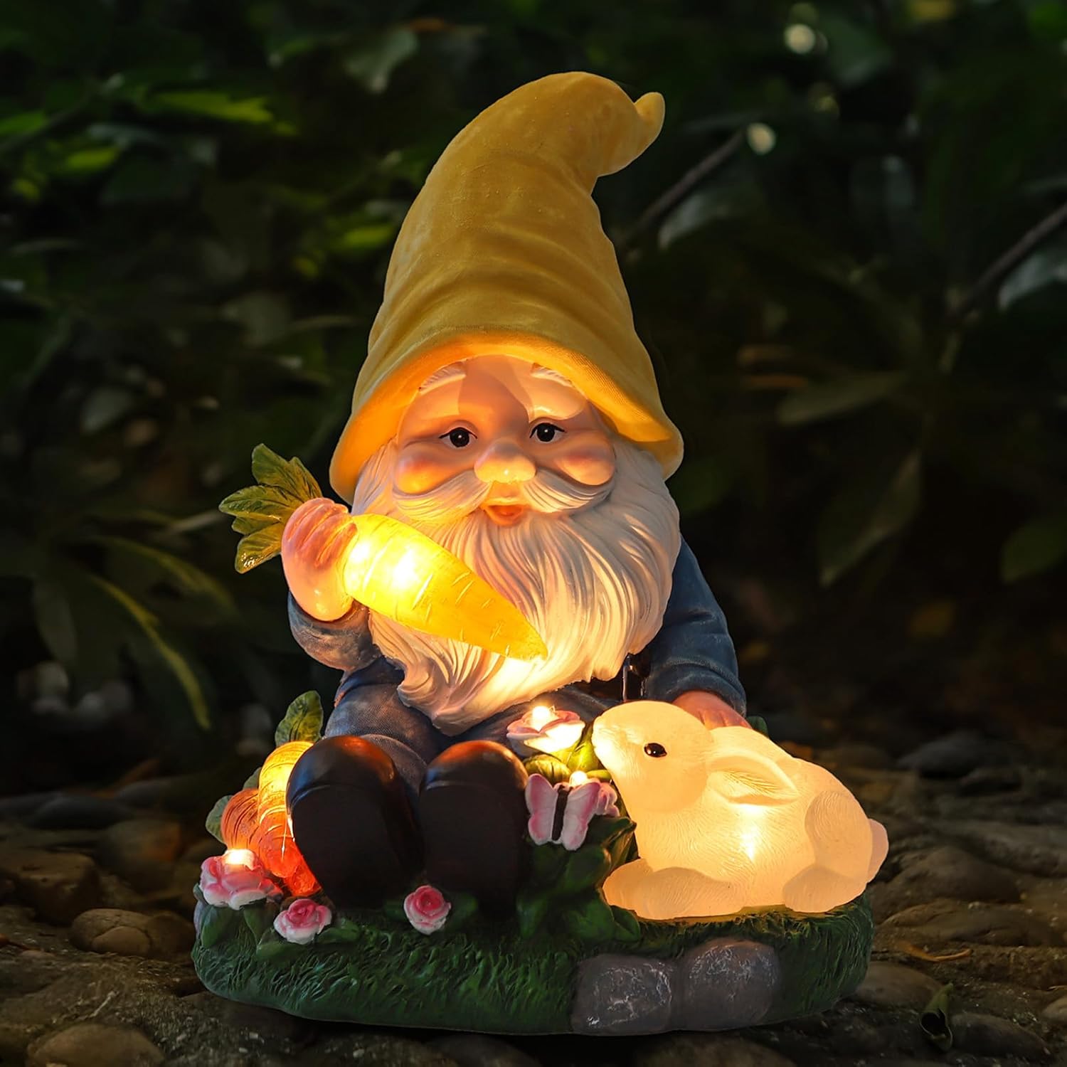 Solar Garden Outdoor Statues Gnome Feeding Rabbit with 6 LED Lawn Decor Outside Decorations for Patio, Balcony, Yard Ornament Unique Garden Gift