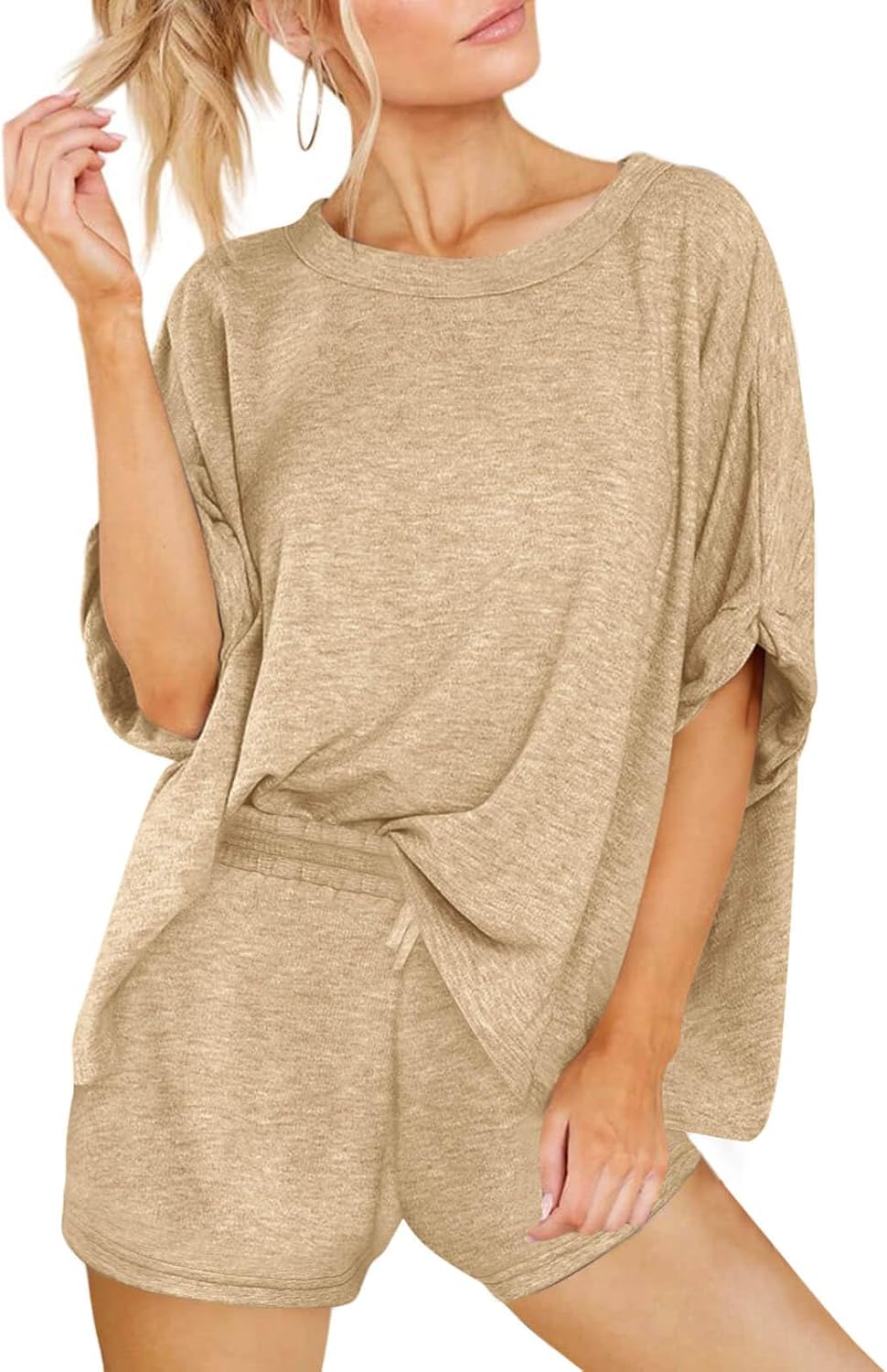 Tankaneo Womens 2 Piece Lounge Sets Oversized Short Sleeve T-shirts Drawstring Shorts Sets Pajamas Summer Outfits - Image 3