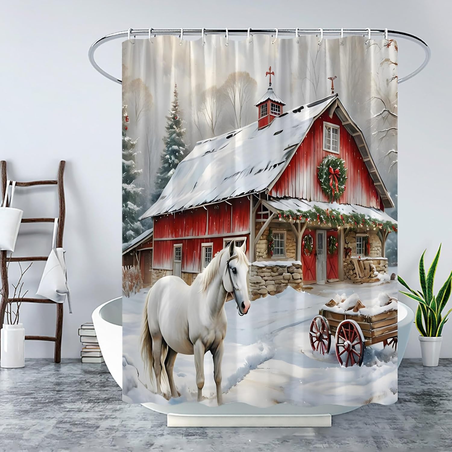 Rustic Christmas Horse Shower Curtain Farmhouse Wild Animal Red Barn Door Nature Xmas Tree Snow Forest Winter Holiday Vintage Decor Bathroom Curtain Set with Hook