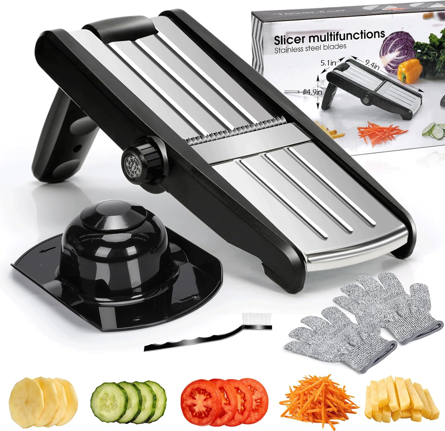 MASTERTOP Mandoline Slicer, 5 in 1 Mandoline Food Slicer for Kitchen,Stainless Steel Mini Vegetable Slicer with Safety Glove & Cleaning Brush,Adjustable Vegetable Chopper for Potatoes